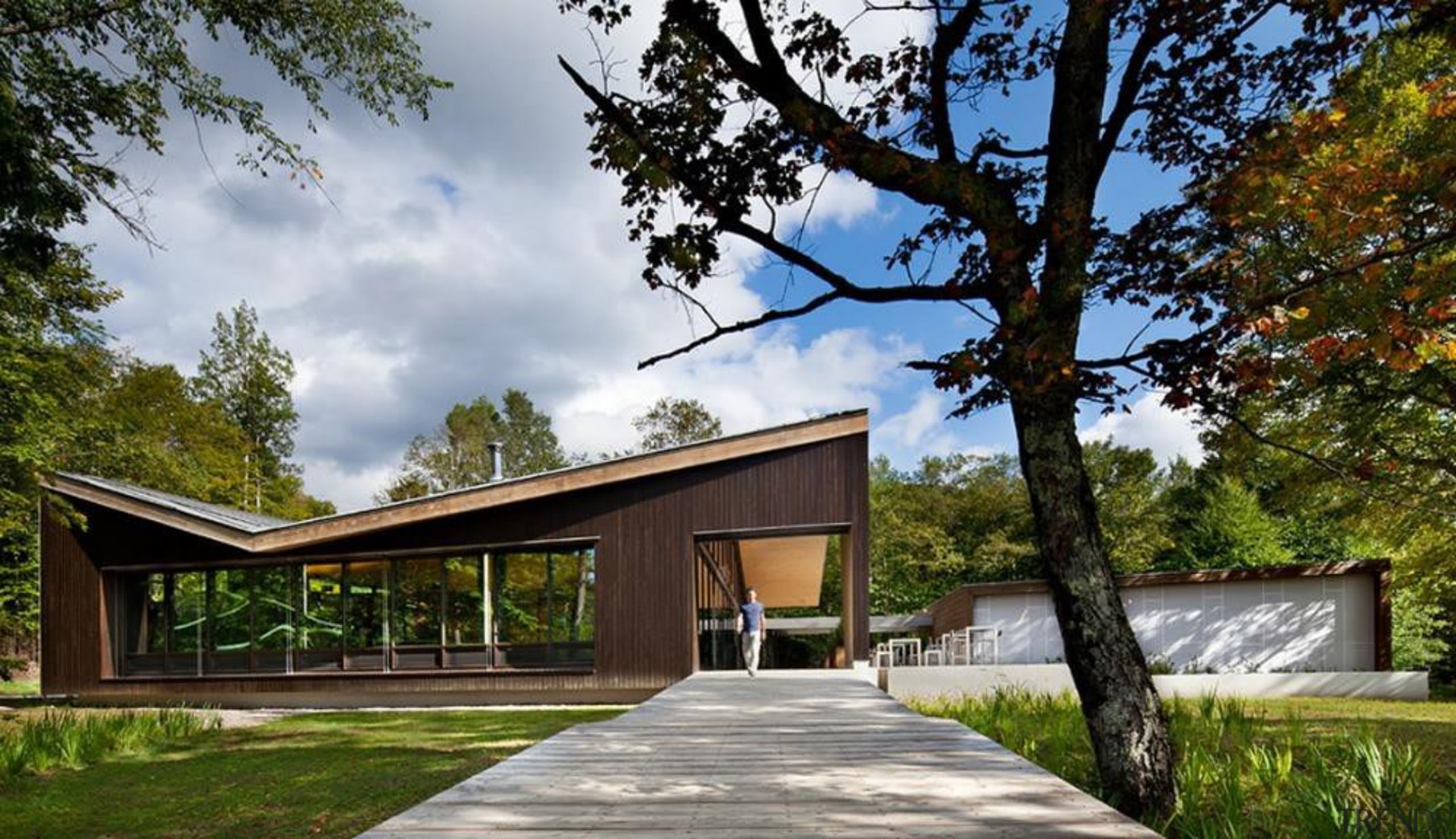 The Mont-Tremblant national park discovery centre in Québec architecture, cottage, estate, home, house, property, real estate, residential area, tree, gray, brown