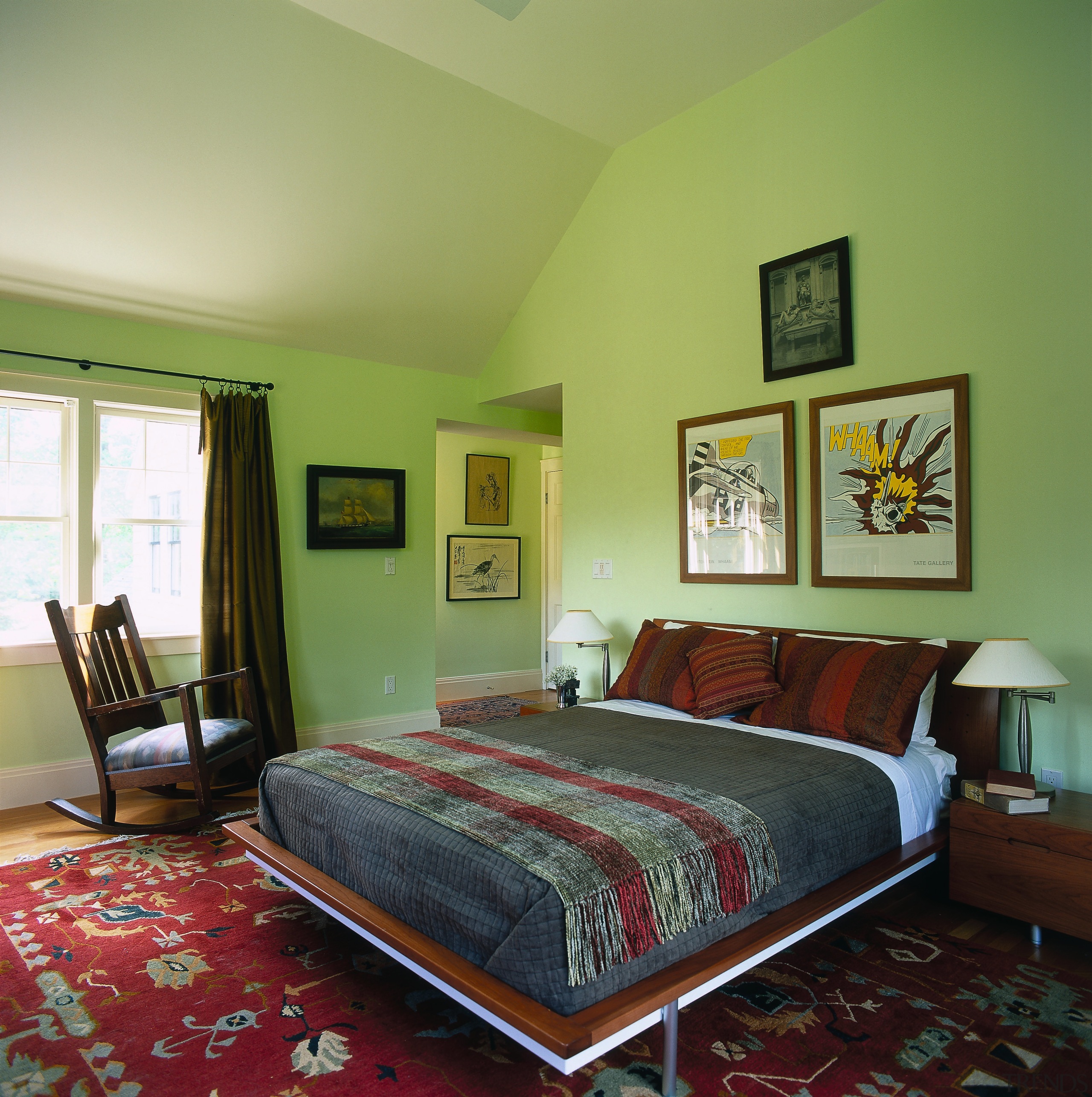 View of the master bedroom with green walls, bed, bed frame, bed sheet, bedroom, ceiling, estate, furniture, home, house, interior design, real estate, room, suite, wall, window, green