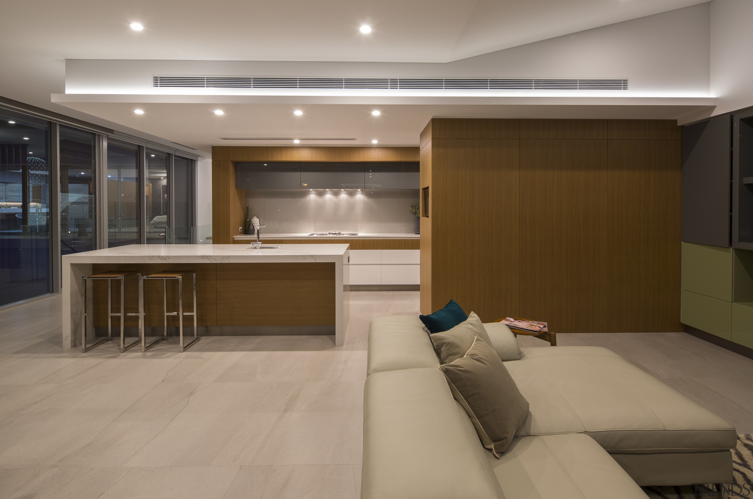 The main kitchen in a two-kitchen home designed architecture, ceiling, floor, flooring, interior design, lobby, brown, gray