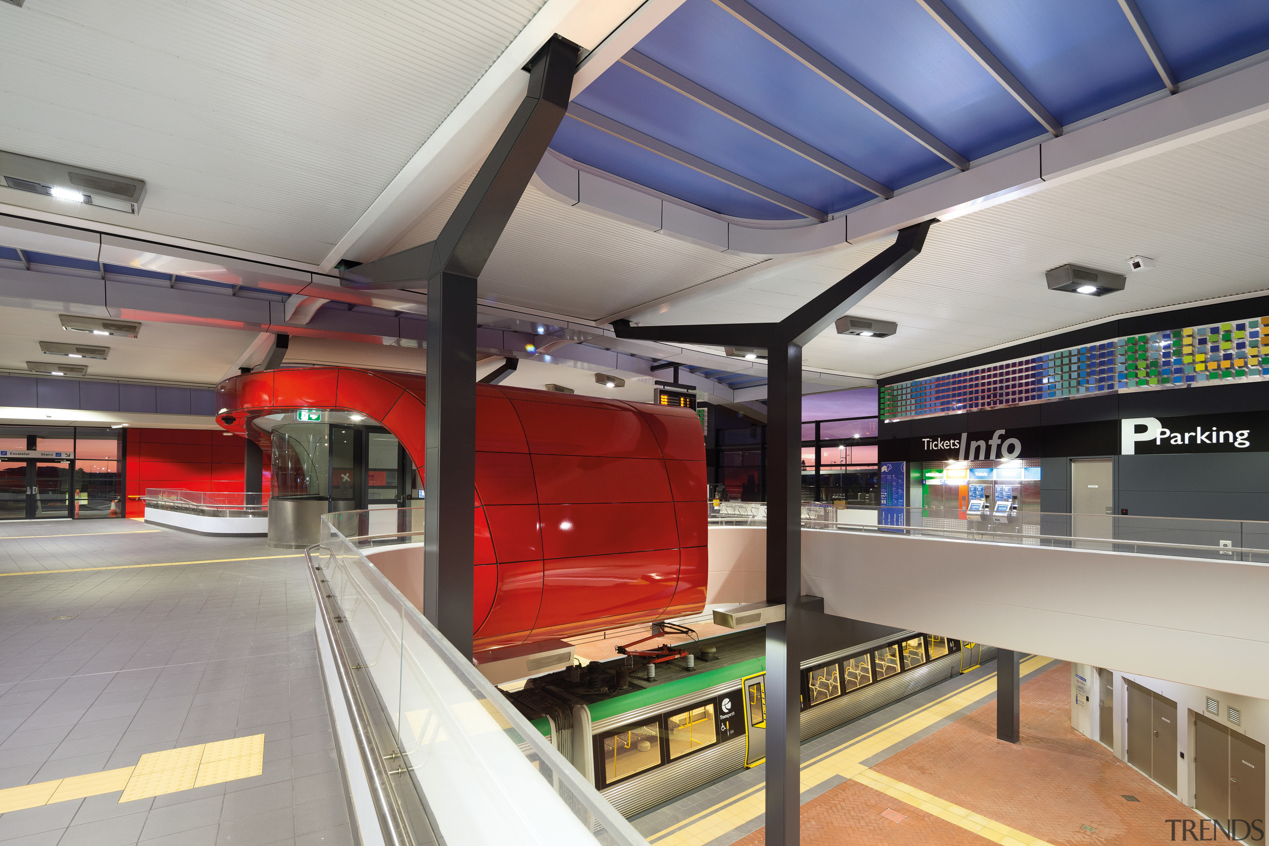 This curved red canopy in the new Butler leisure centre, sport venue, gray