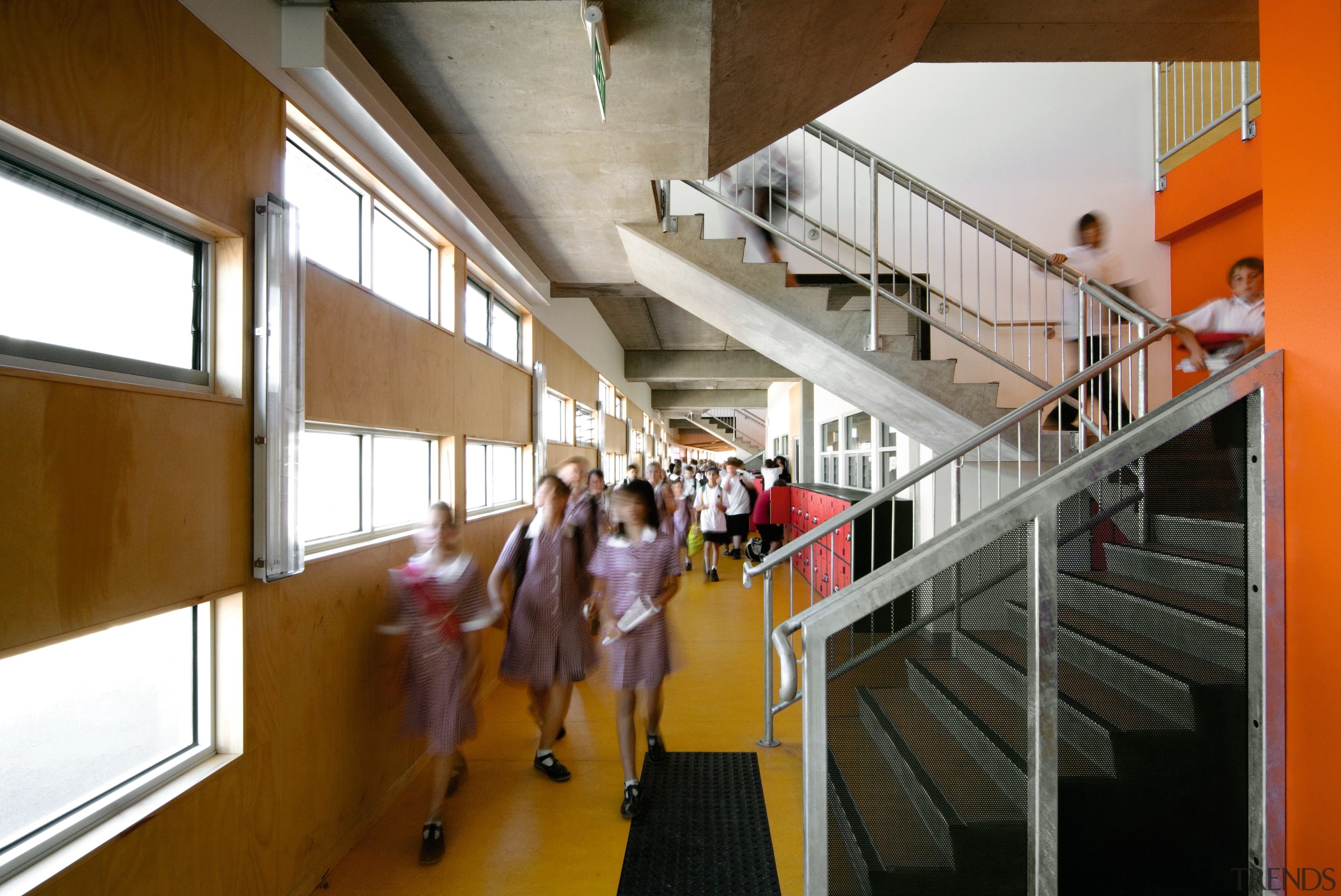 View of Williamstown High School in Melbourne. Designed architecture, daylighting, handrail, institution, interior design, stairs, brown