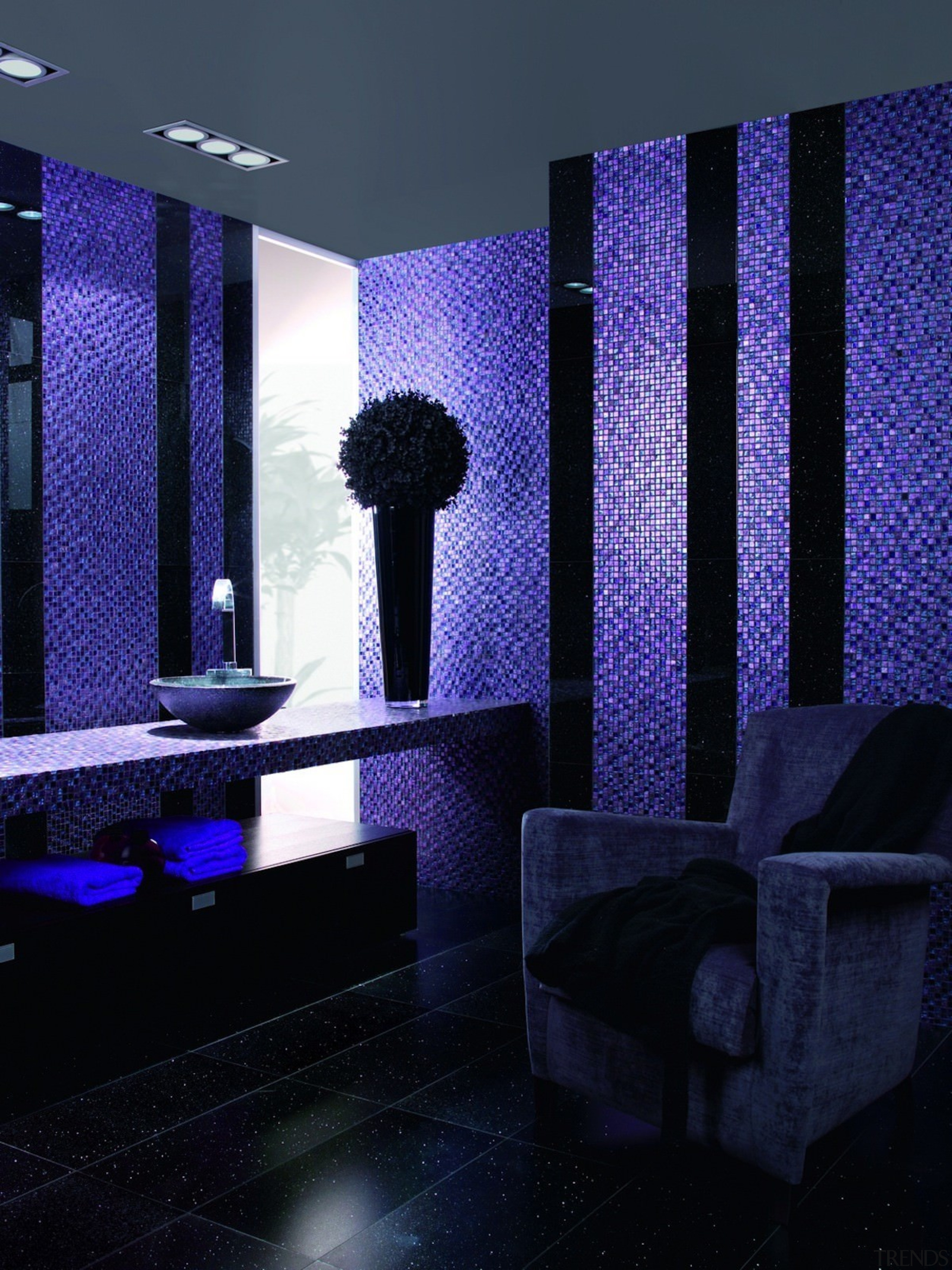 The mosaic tile’s creative potential is unlimited architecture, blue, ceiling, daylighting, interior design, light, lighting, purple, room, wall, black, blue
