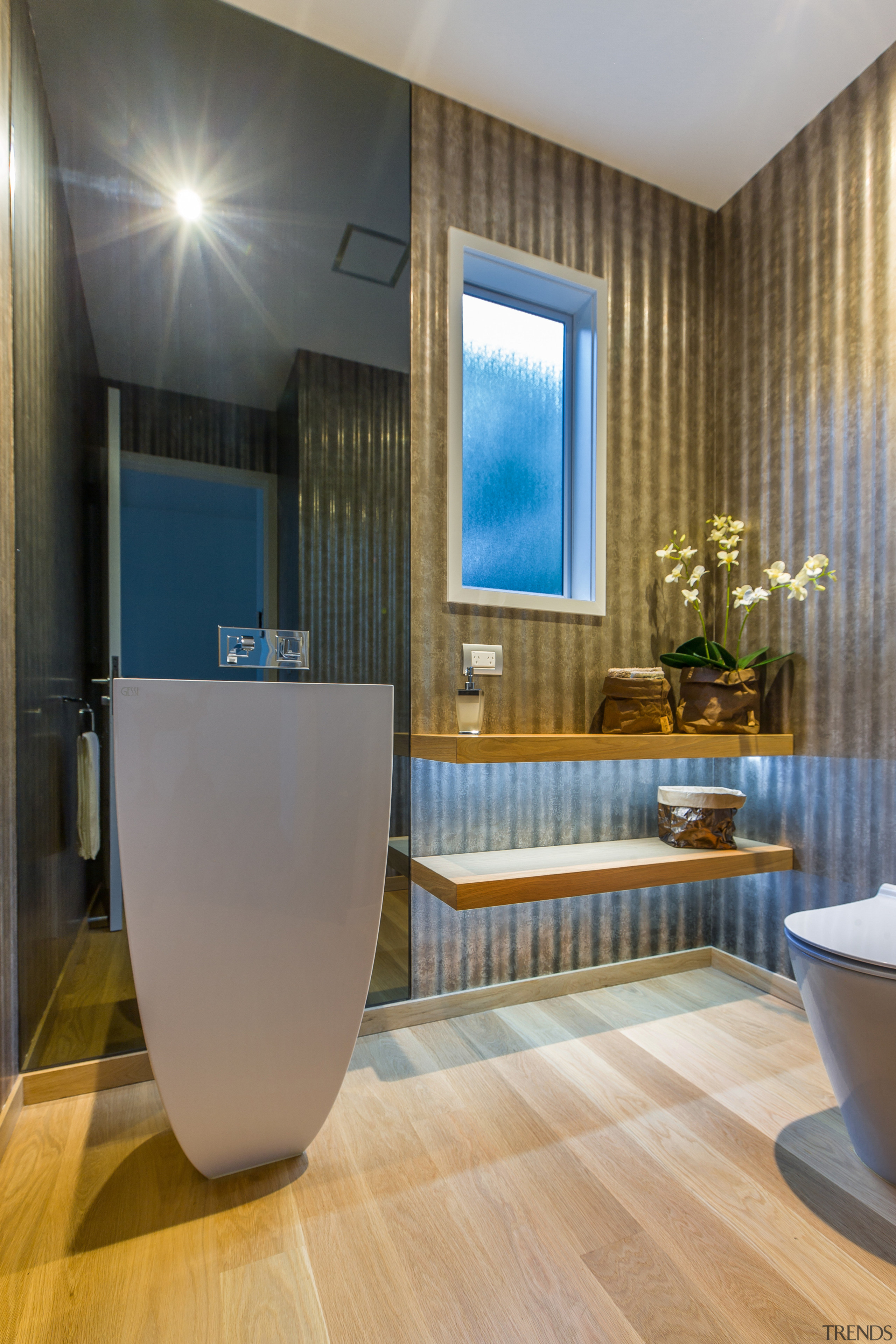 This powder room by designer Natalie Du Bois architecture, bathroom, ceiling, floor, flooring, interior design, room, tile, wall, wood flooring, gray, brown