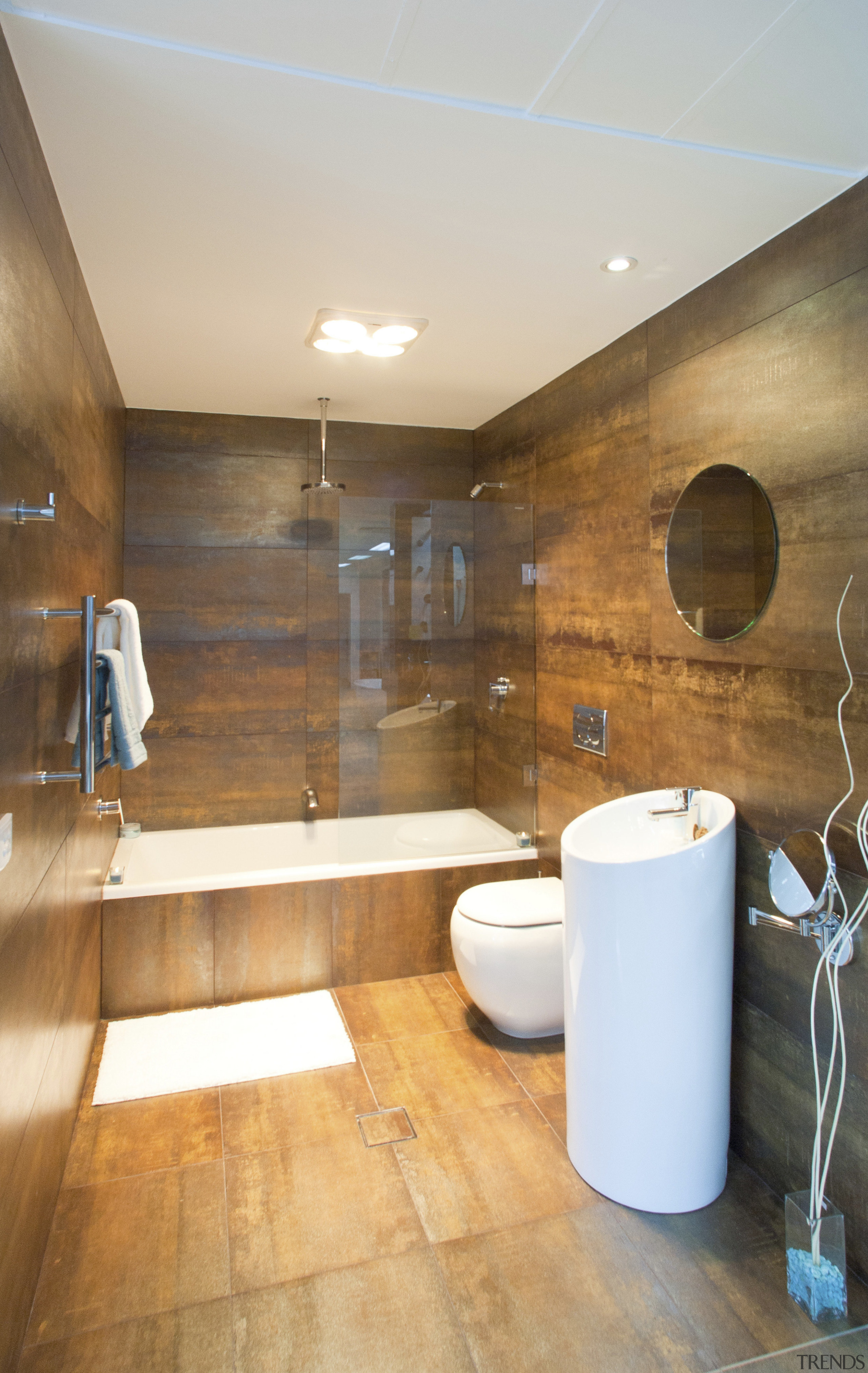 bathroom setting with circular basin, toilet and bath/shower bathroom, ceiling, floor, flooring, home, interior design, real estate, room, sink, tile, wall, wood flooring, white, brown, orange