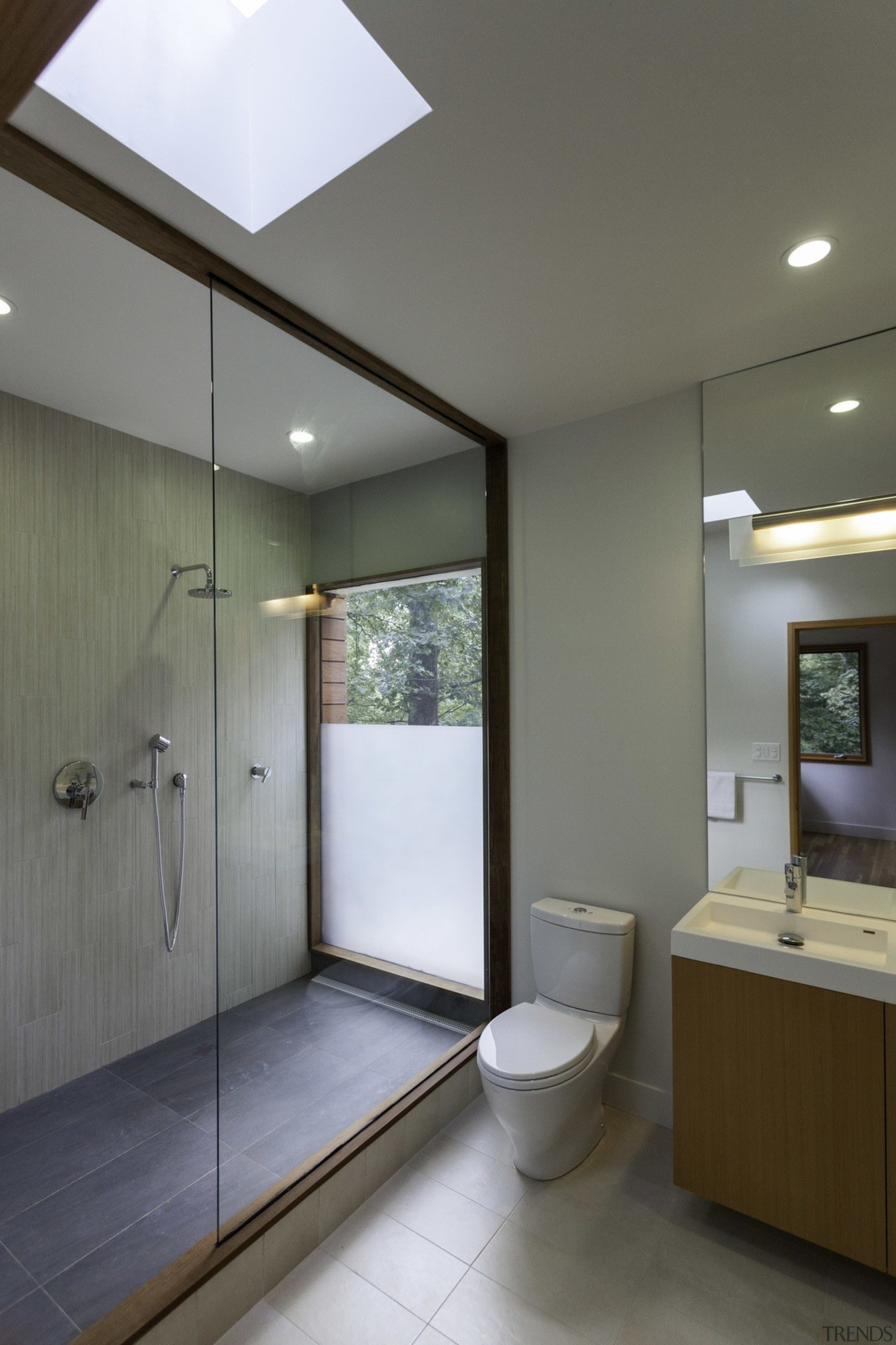 Opaque glass and a skylight keep the bathroom architecture, bathroom, ceiling, daylighting, interior design, real estate, room, sink, gray