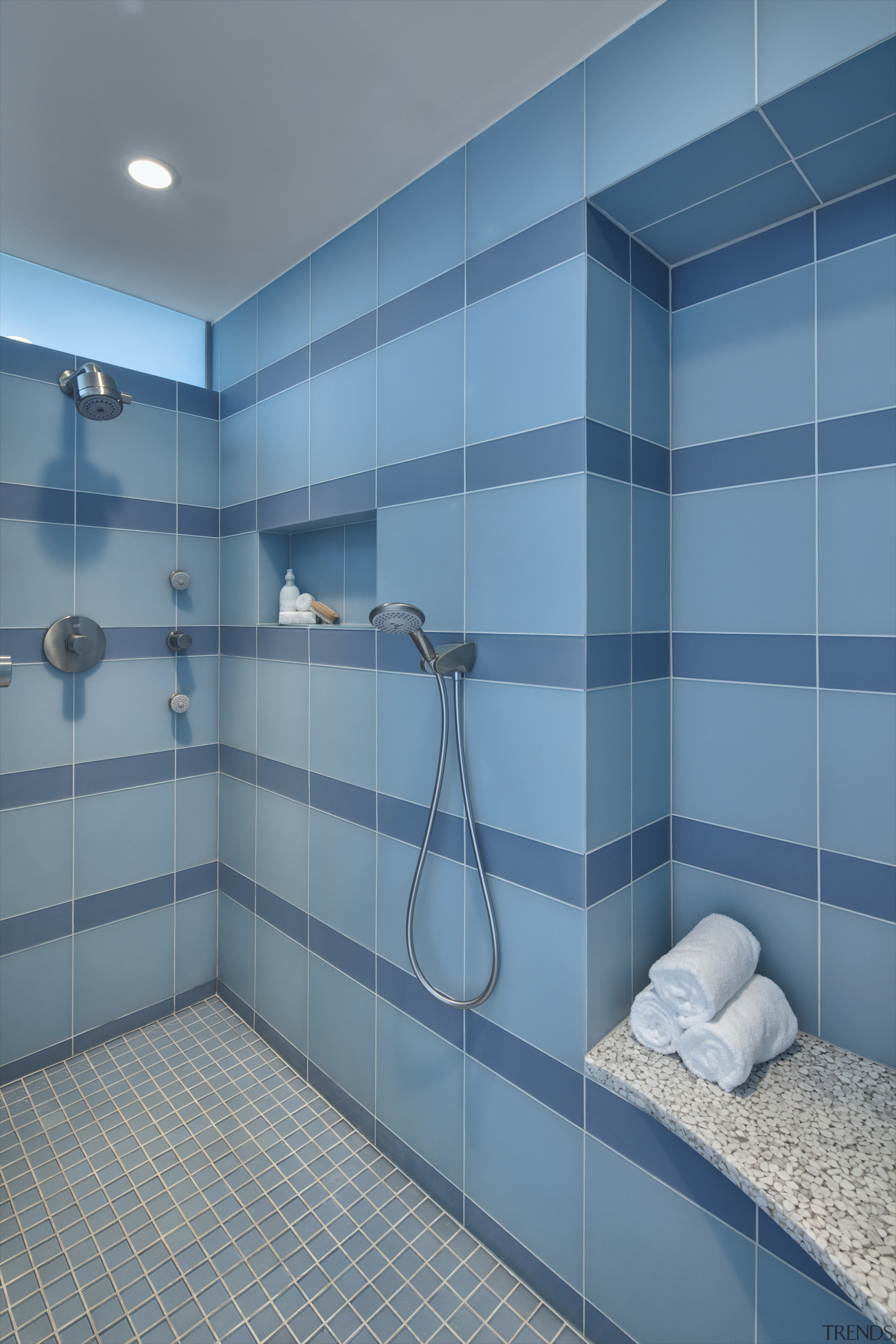 View of shower enclosure with blue wall tiling azure, bathroom, blue, ceiling, floor, glass, interior design, room, tile, wall, teal