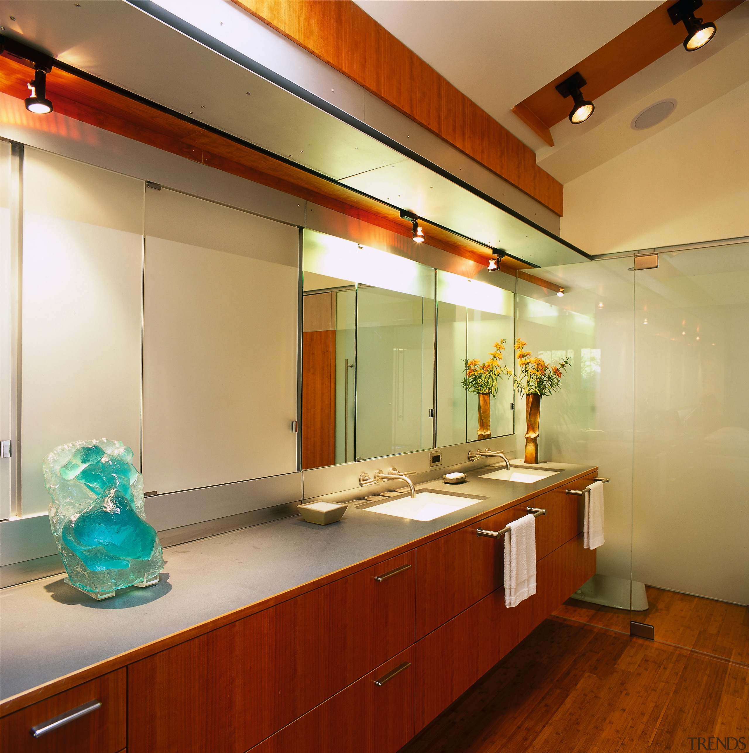 View of bathroom area - View of bathroom cabinetry, ceiling, countertop, interior design, kitchen, room, brown, orange