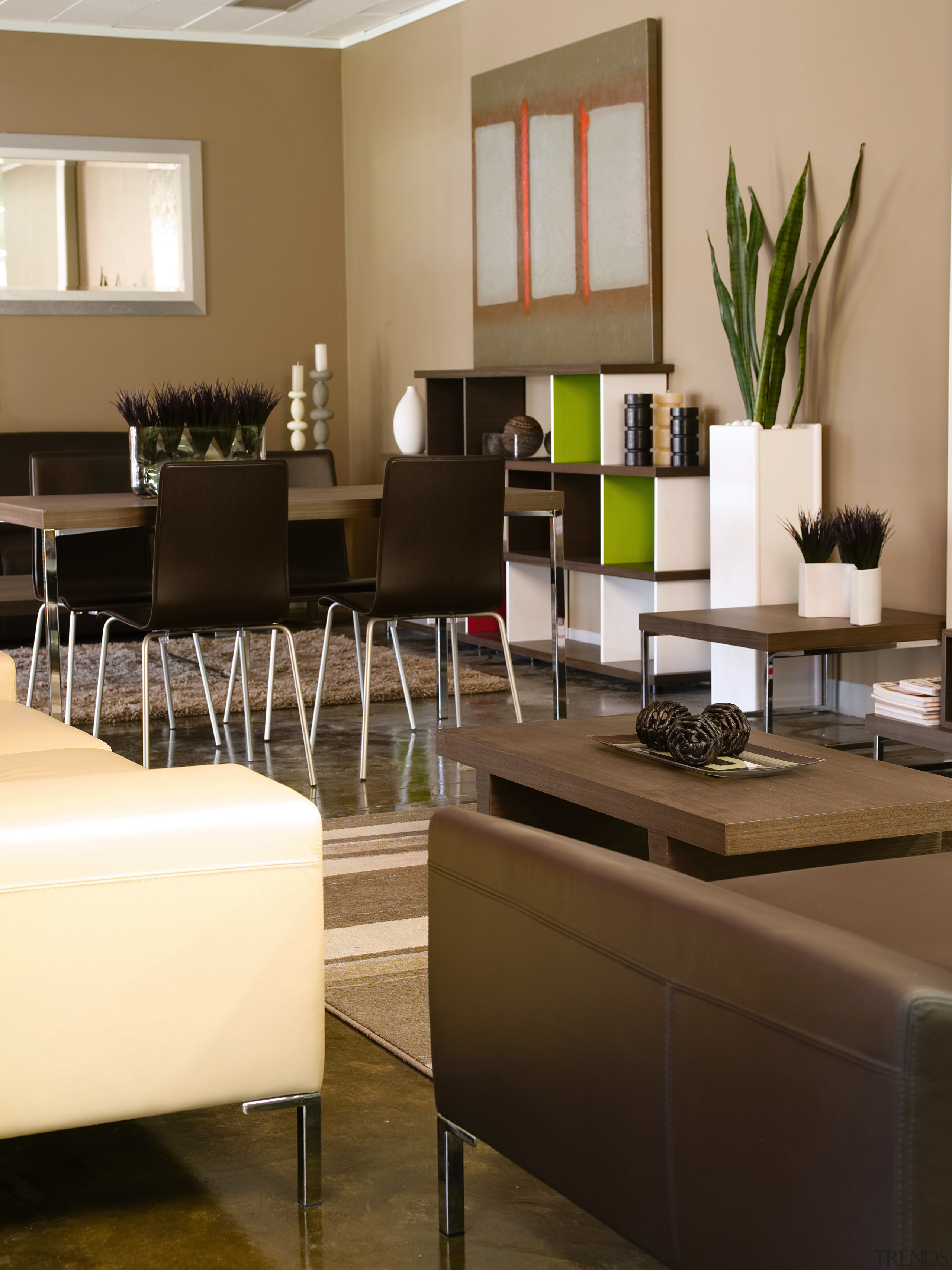 A view of a living area, polished concrete floor, flooring, furniture, interior design, living room, table, brown