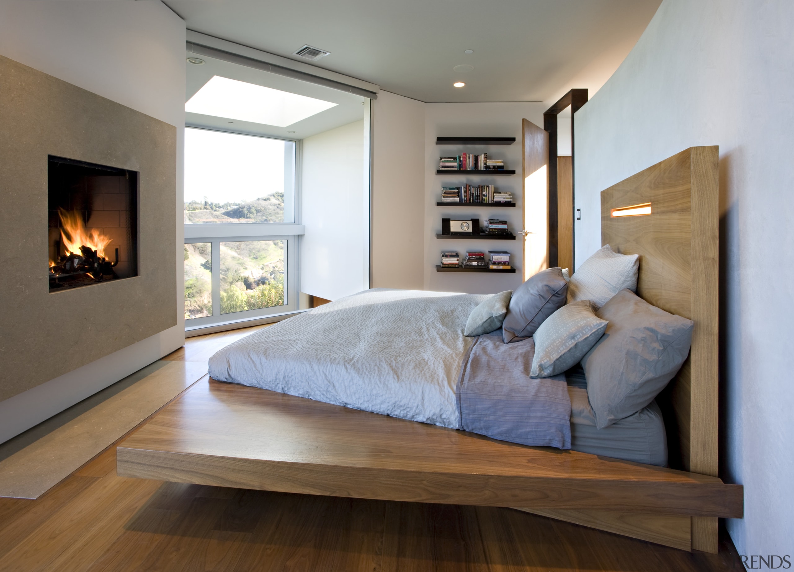 View of master bedroom which features custom made bed, bed frame, bedroom, ceiling, floor, furniture, hardwood, home, interior design, living room, room, wood, wood flooring, brown, gray