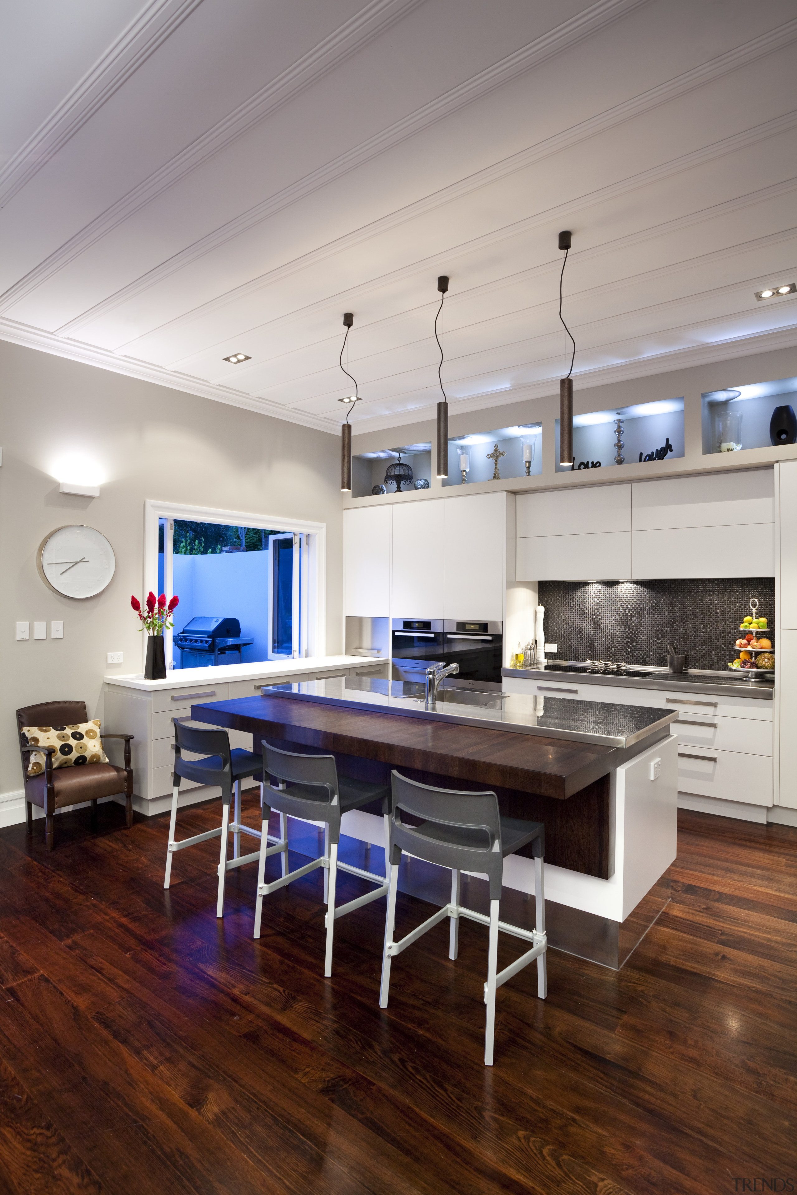 white island with stainless steel benchtop, dark quartz ceiling, countertop, floor, flooring, hardwood, interior design, kitchen, laminate flooring, living room, loft, room, table, wood, wood flooring, gray