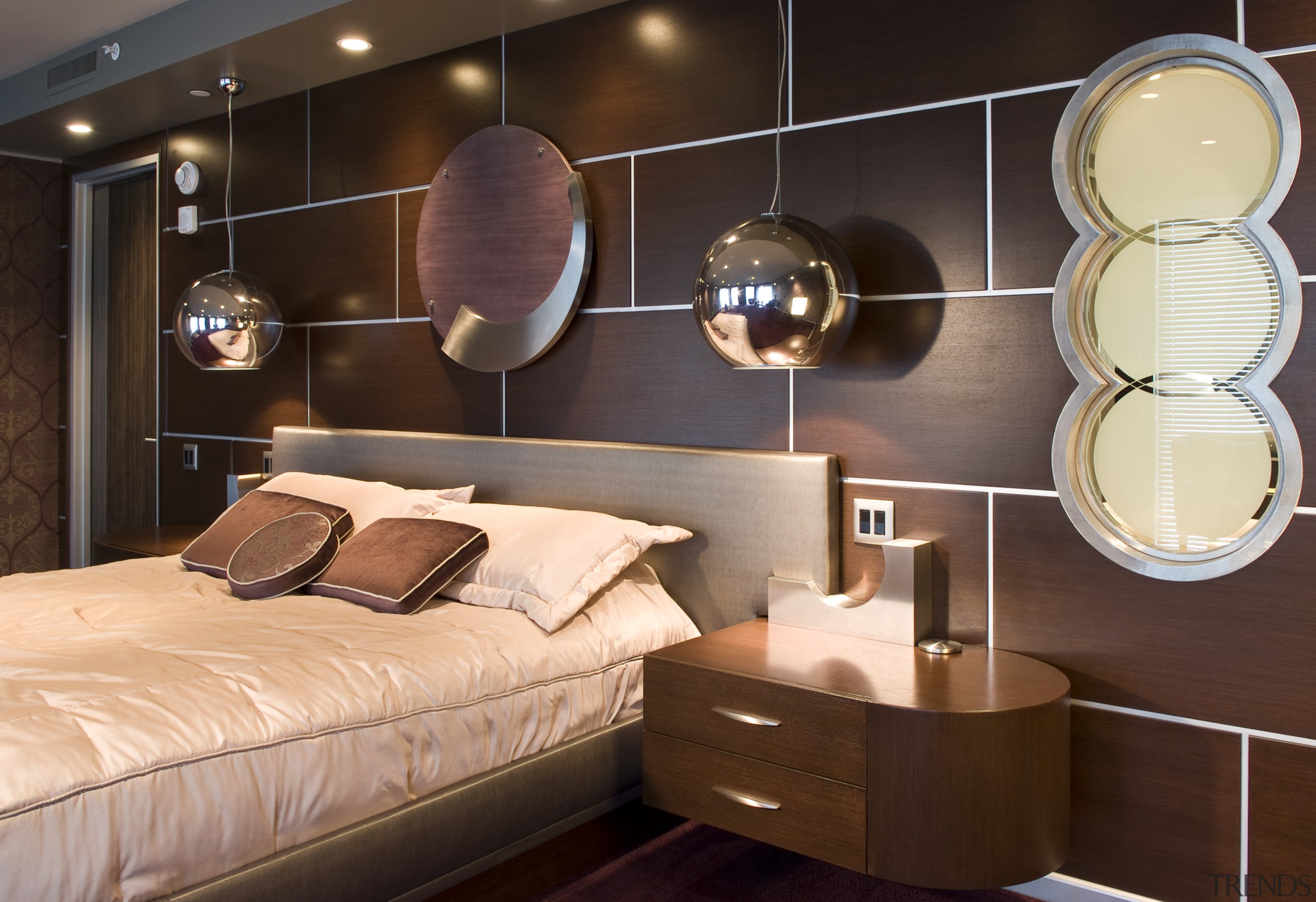 View of a bedroom at the Pececnik residence ceiling, furniture, interior design, lighting, product design, room, brown, orange