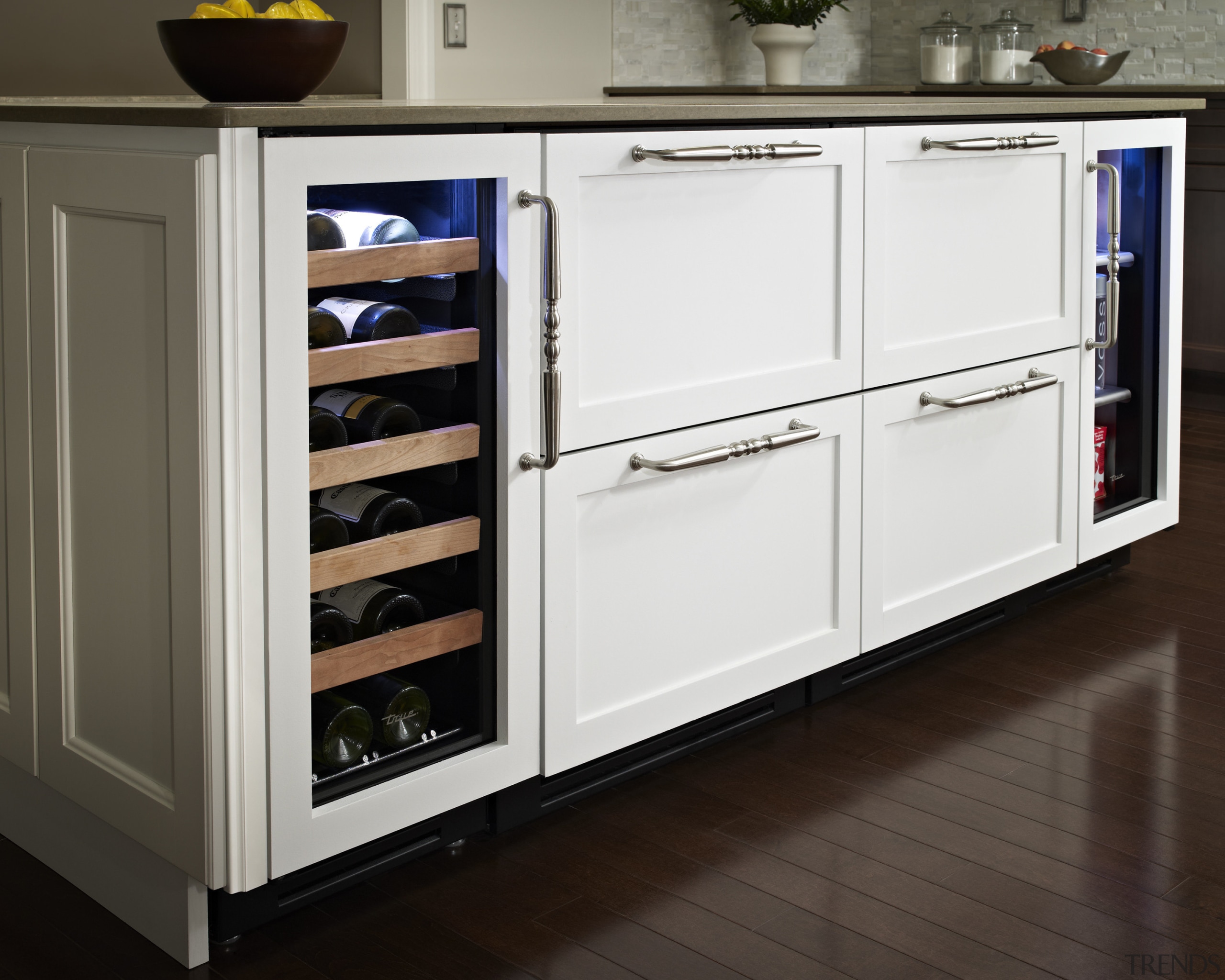 Wine refrigerator from the True Professional Series, a cabinetry, countertop, furniture, home appliance, kitchen, kitchen appliance, major appliance, refrigerator, room, black, white