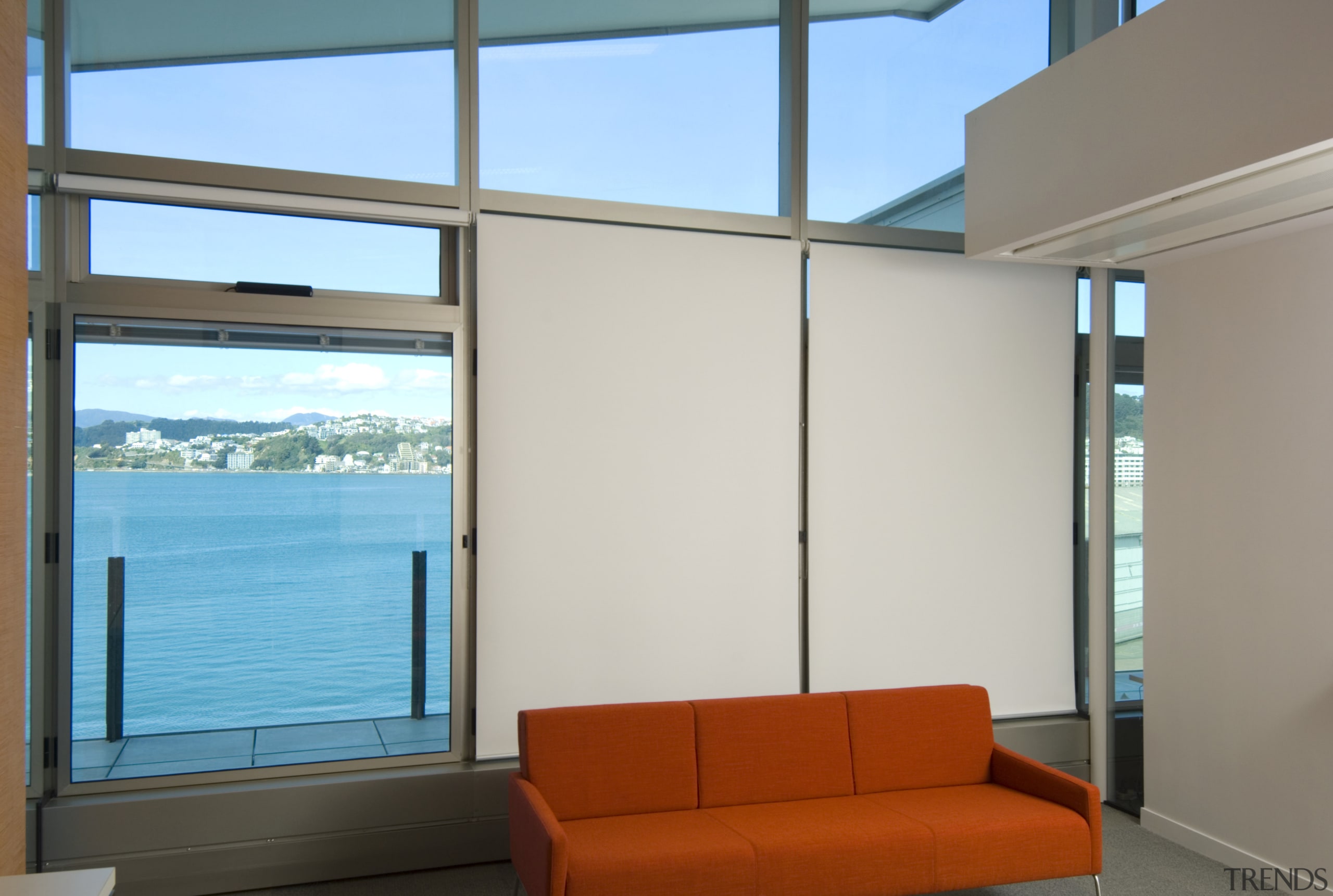 Window shades and blockout blinds were supplied for architecture, daylighting, door, glass, interior design, real estate, wall, window, gray, teal