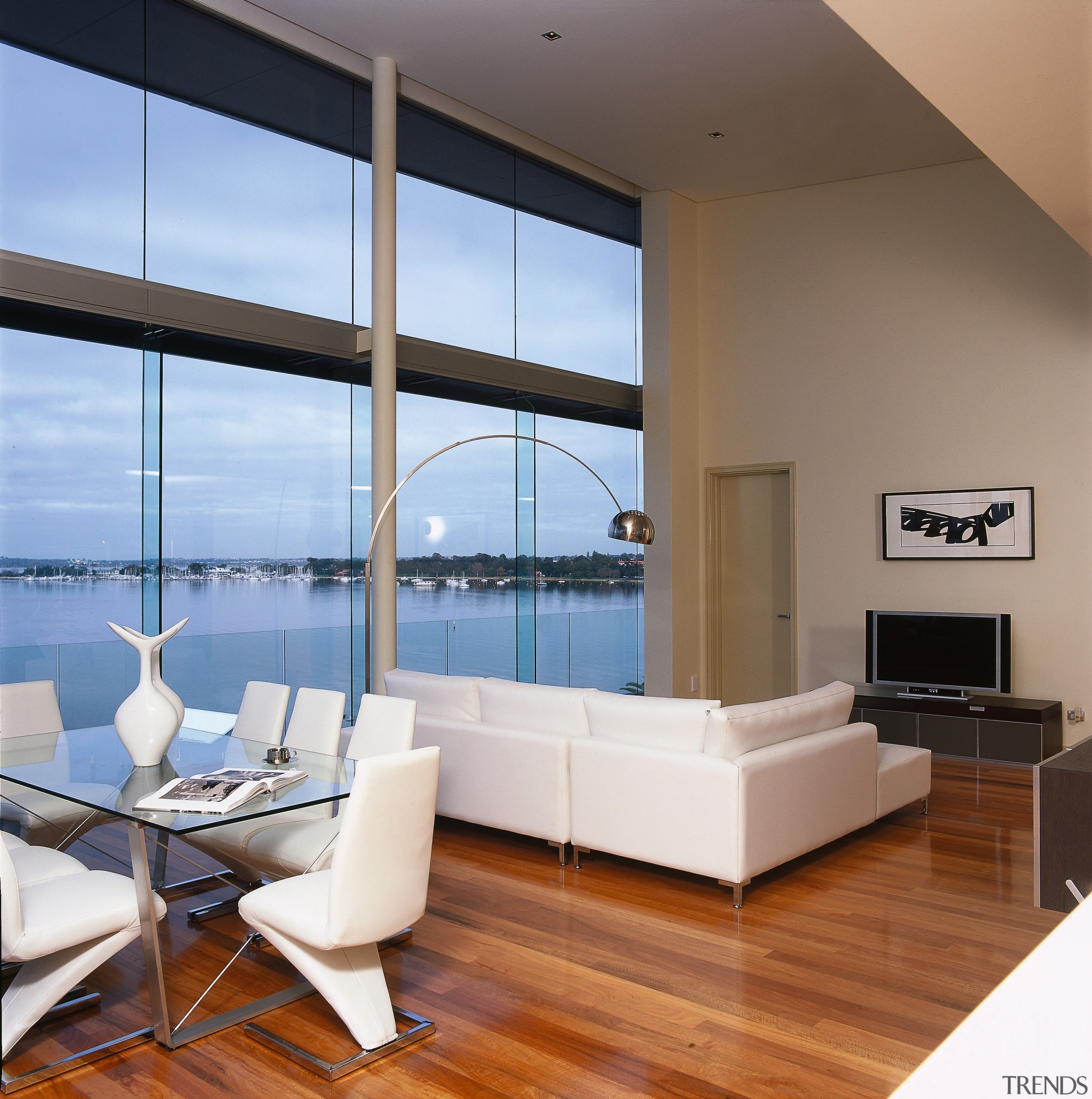 view of the lounge and dining area featuring architecture, ceiling, floor, interior design, living room, penthouse apartment, real estate, window, brown