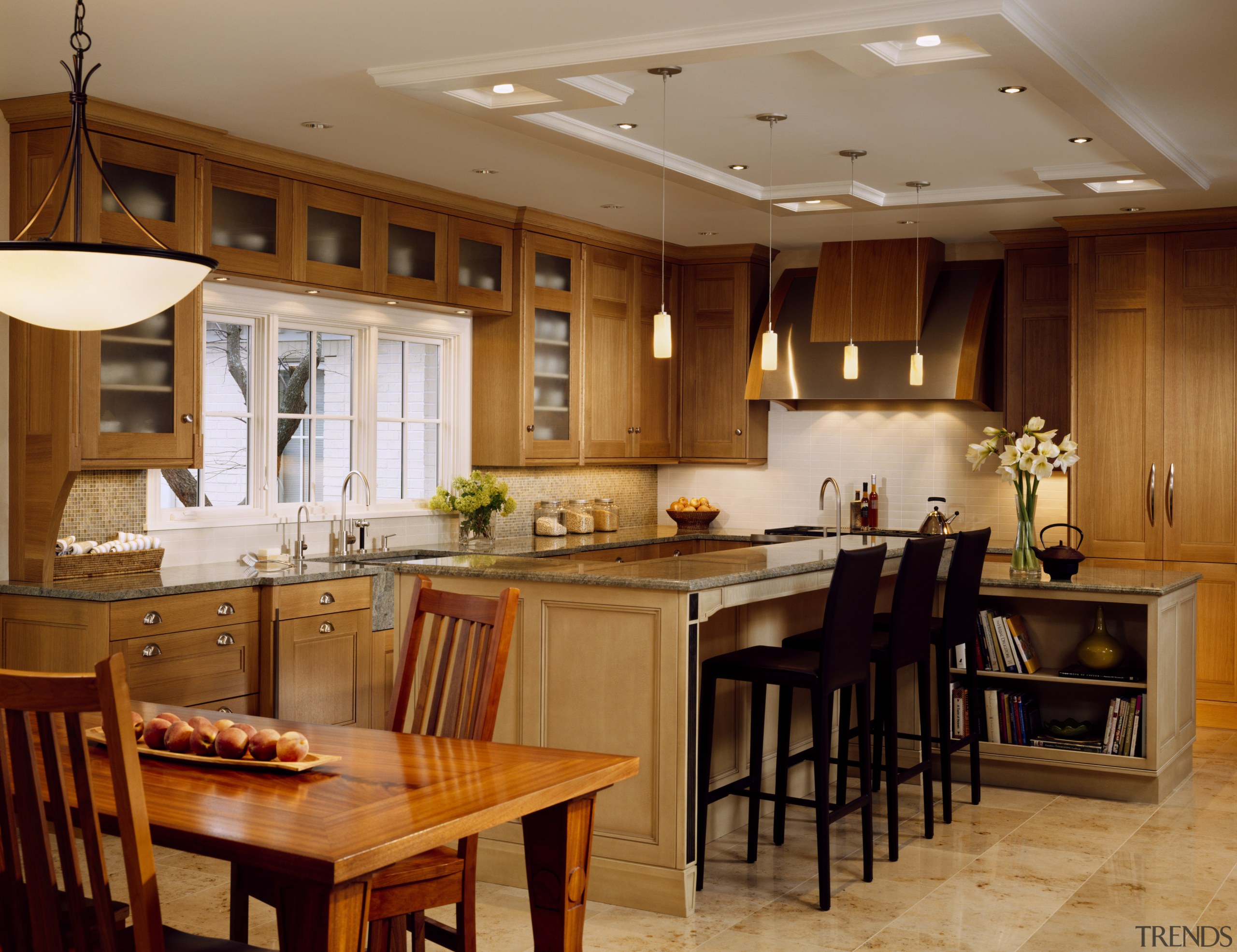 A view of this kitchen featuring customer timber cabinetry, ceiling, countertop, cuisine classique, flooring, interior design, kitchen, room, brown