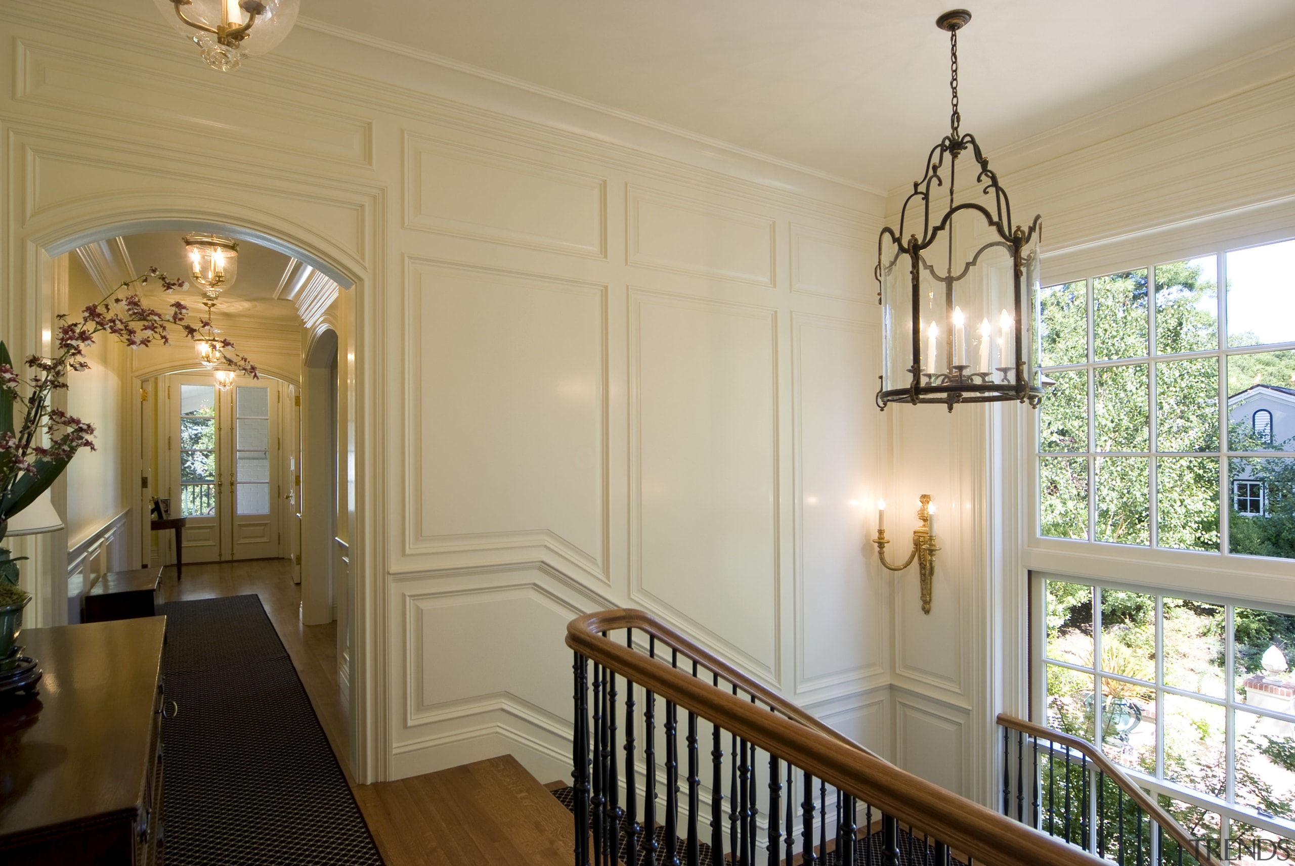 View of stairs with white wall. - View architecture, ceiling, dining room, estate, home, house, interior design, property, real estate, room, wall, window, wood, gray, orange