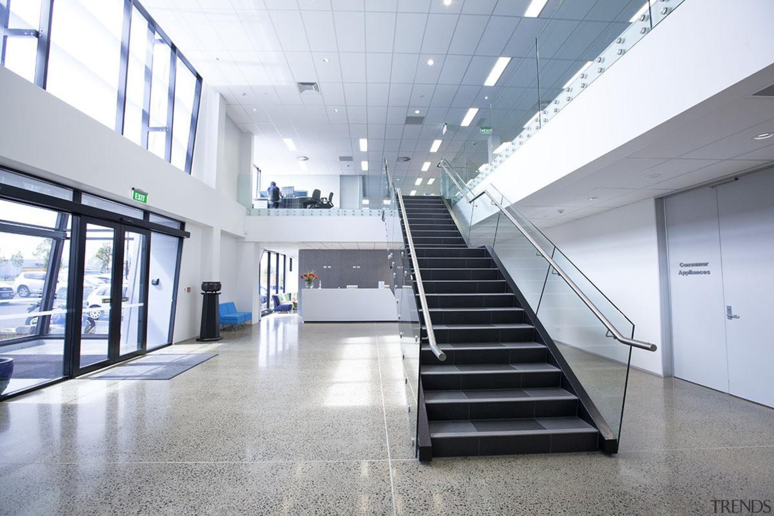 MERIT WINNERPanasonic Building (4 of 4) - Trends architecture, building, daylighting, glass, handrail, interior design, lobby, stairs, structure, white