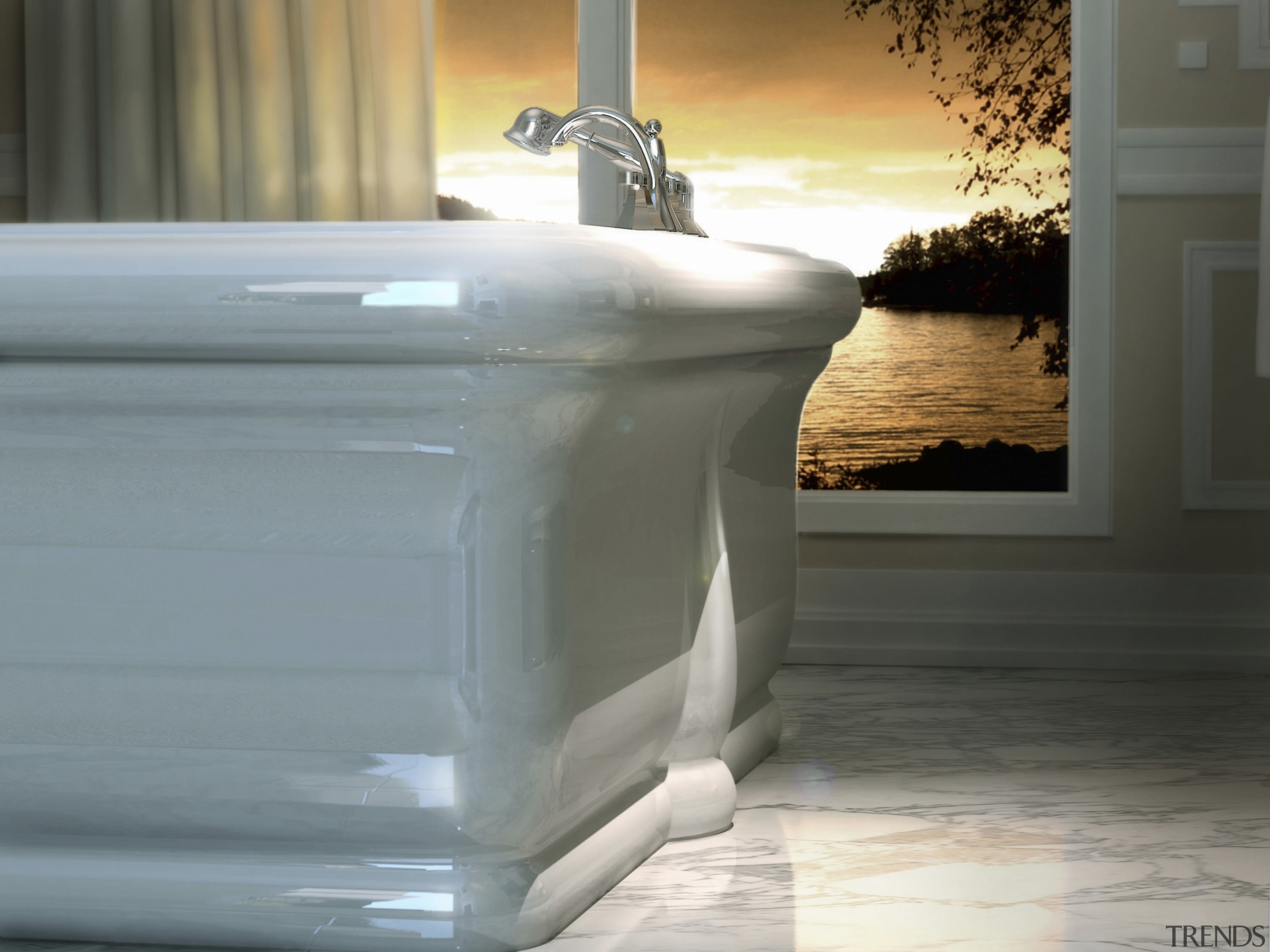 View of a bathroom which features a freestanding bathtub, floor, flooring, furniture, wall, gray