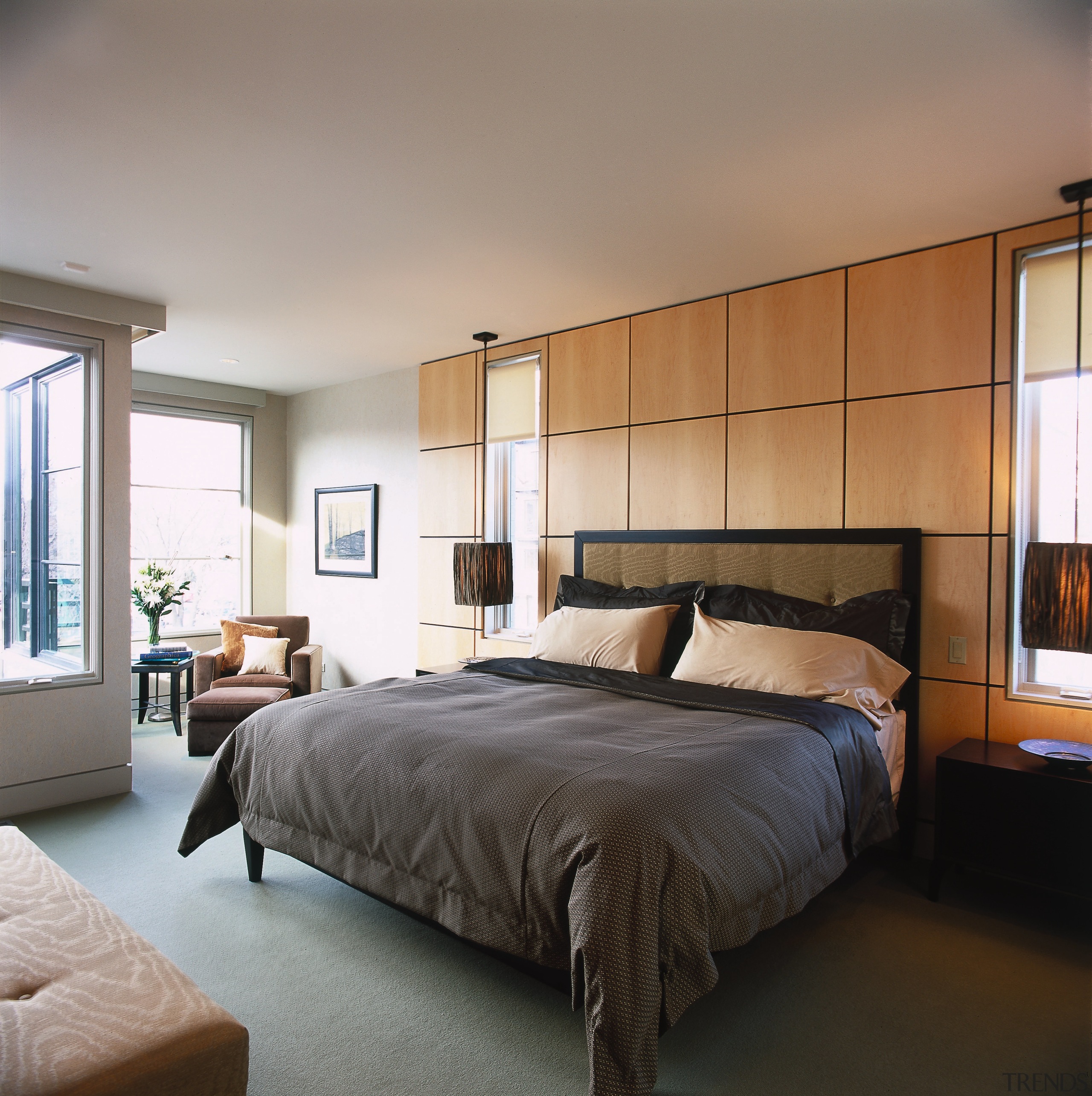 A view of the master bedroom, grey carpet, architecture, bed frame, bedroom, ceiling, home, interior design, real estate, room, suite, wall, window, wood, gray