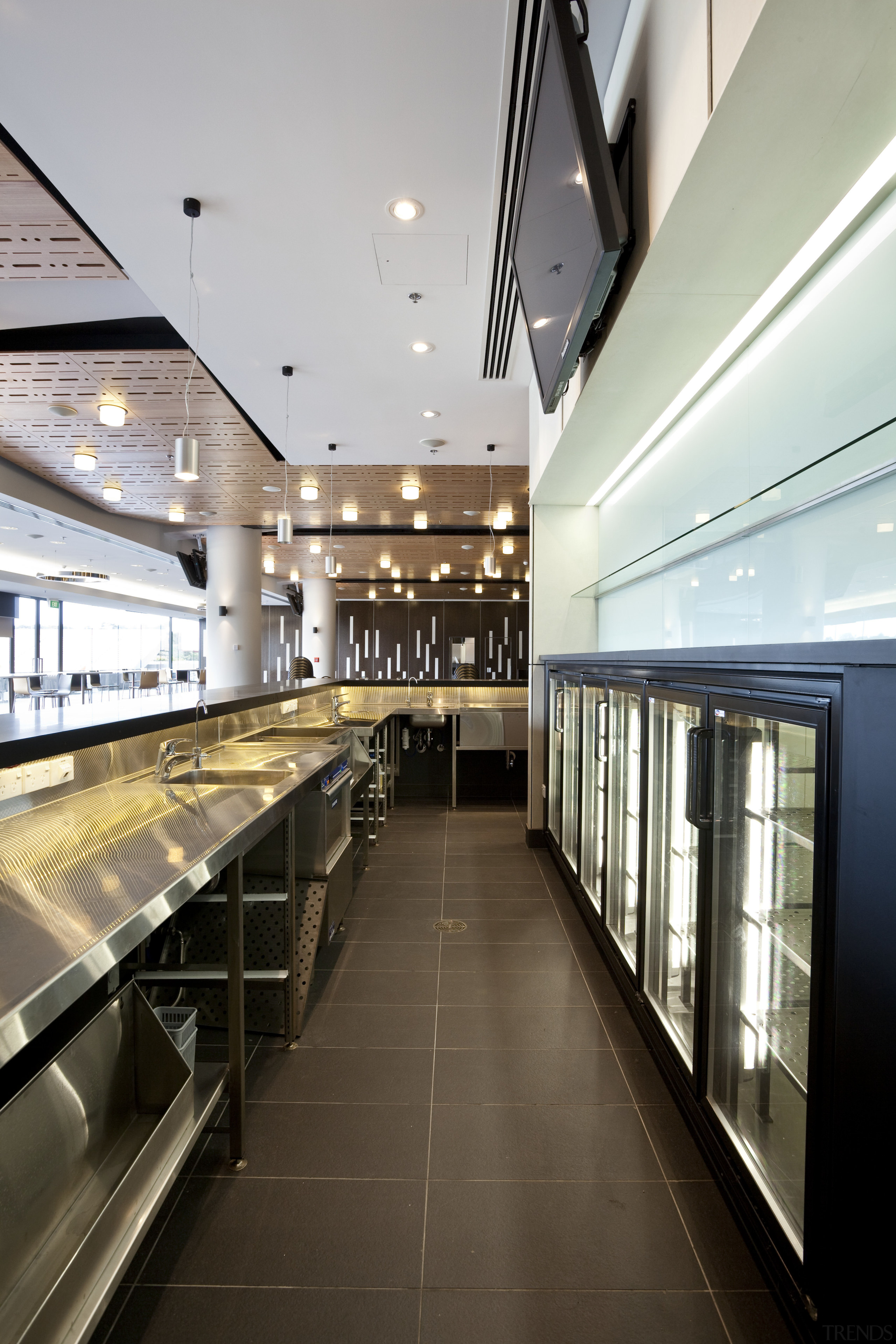 View of the front-of-house of a kitchen at architecture, ceiling, daylighting, interior design, lobby, brown, gray