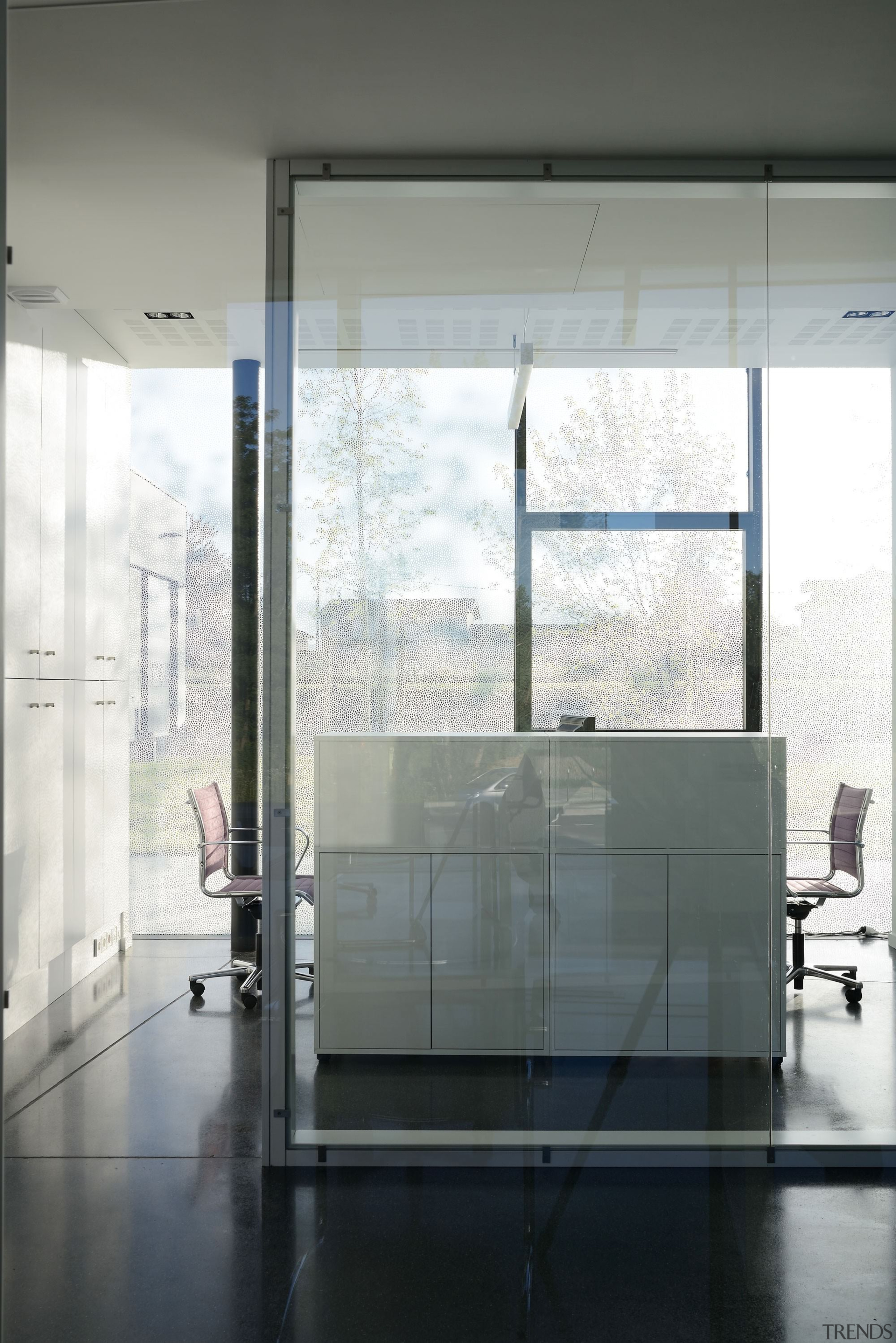 Offices are separate by glass walls - Offices architecture, daylighting, door, floor, glass, interior design, window, gray, white