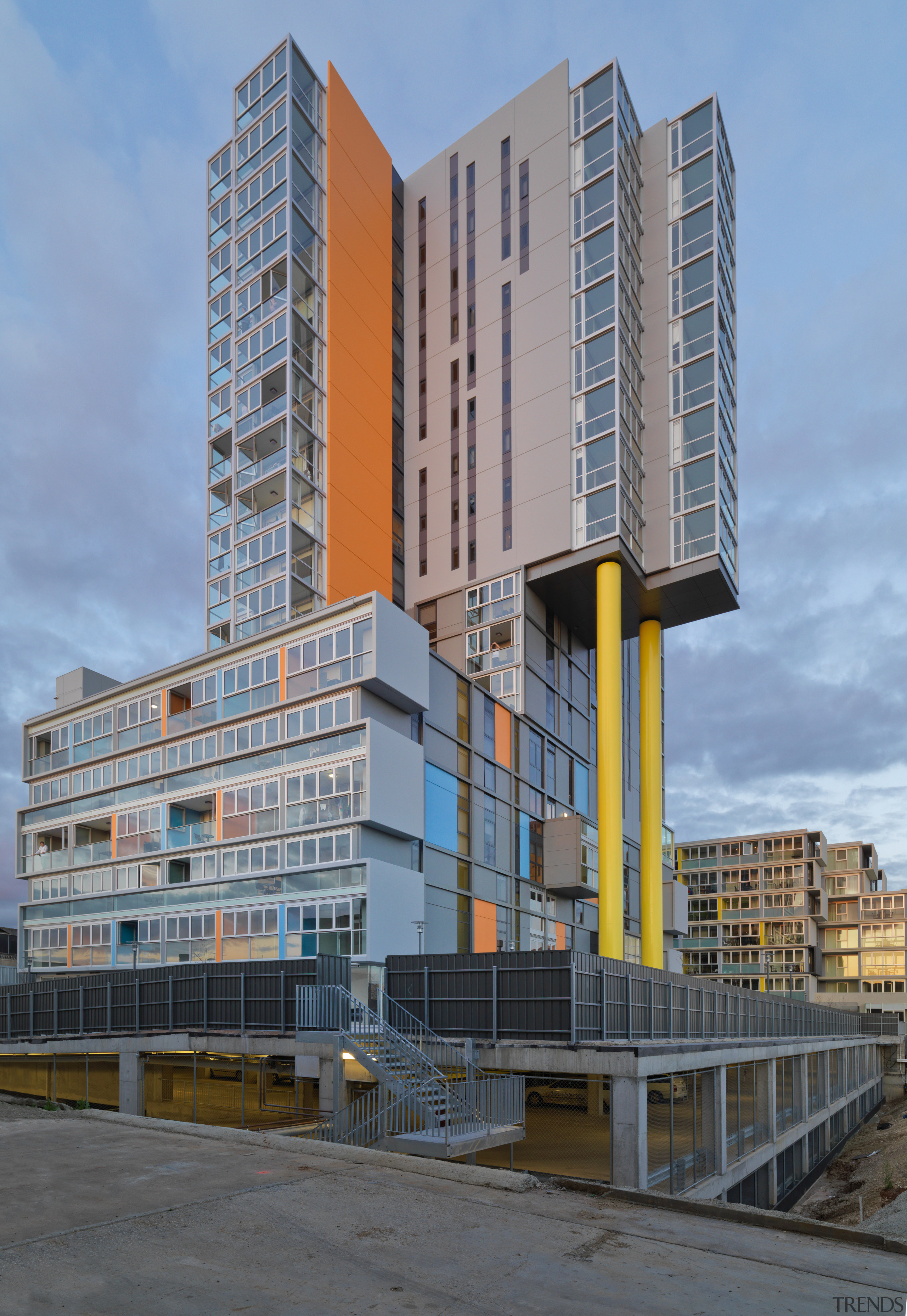 Exterior view of the Altitude in the Precinct apartment, architecture, building, city, commercial building, condominium, corporate headquarters, daytime, facade, headquarters, metropolis, metropolitan area, mixed use, neighbourhood, real estate, residential area, sky, skyscraper, tower block, urban area, teal, gray