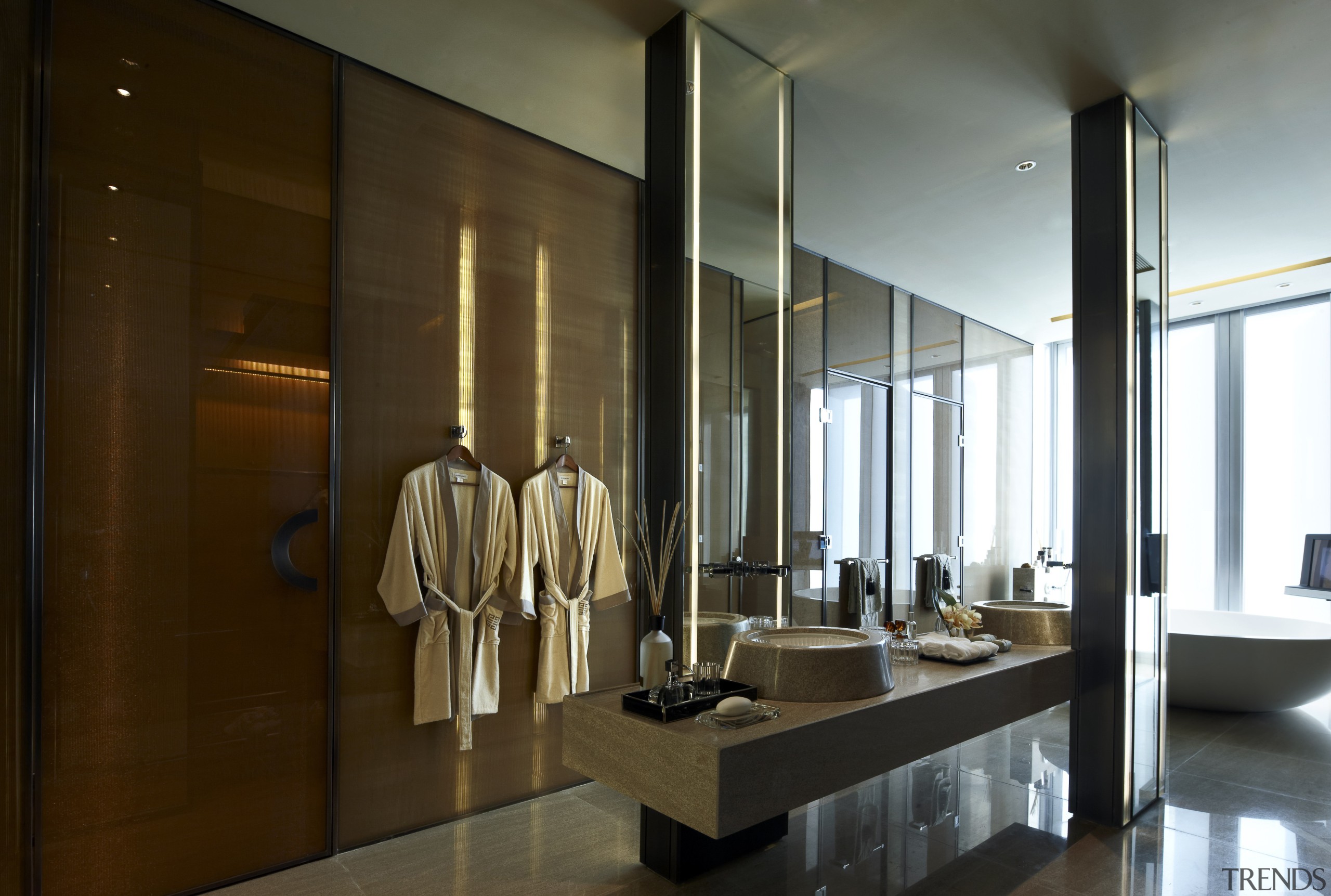 View of contemporary bathroom. - View of contemporary interior design, brown