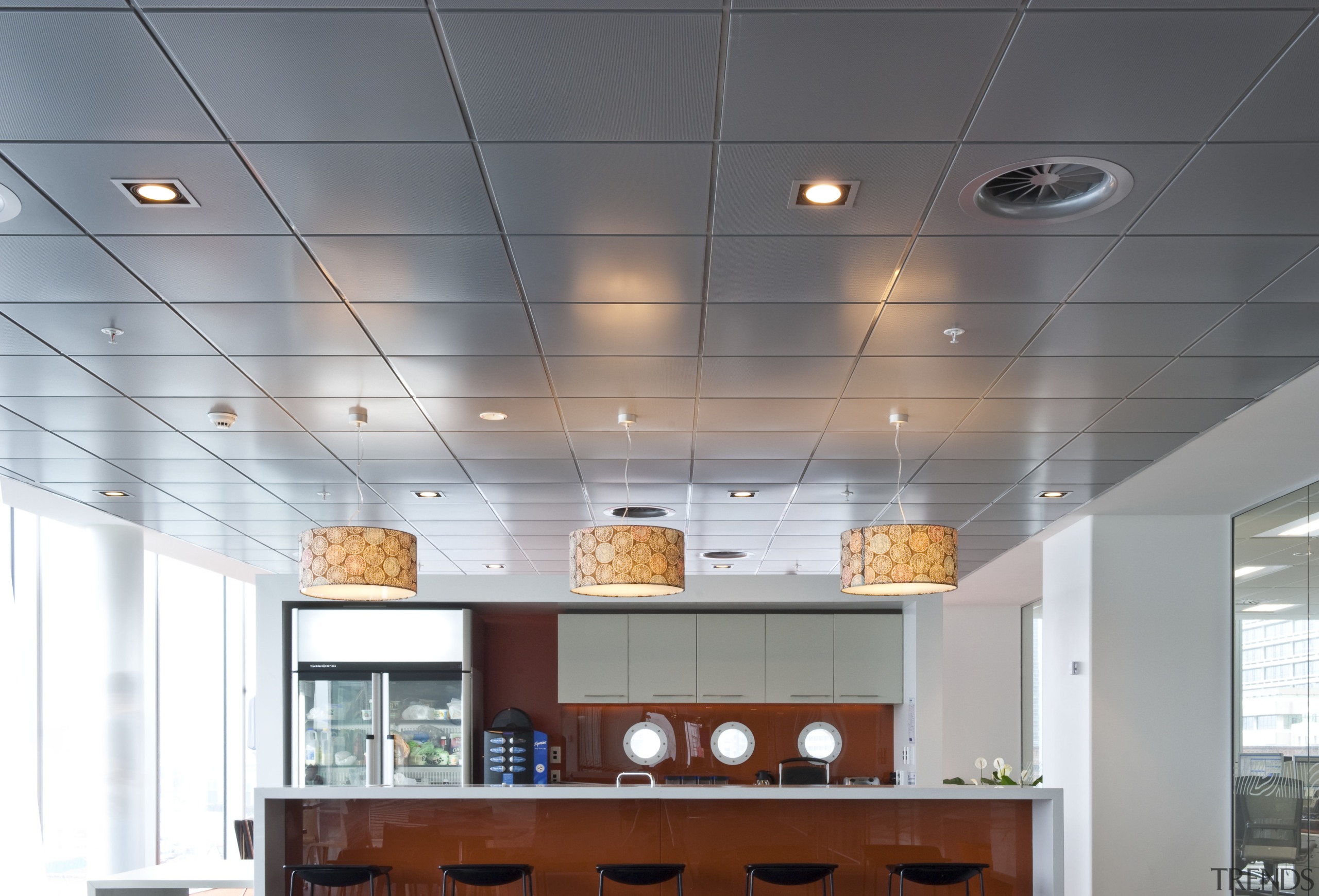 View of Forman Building Systems acoustic ceiling tiles. ceiling, daylighting, interior design, lighting, gray, white