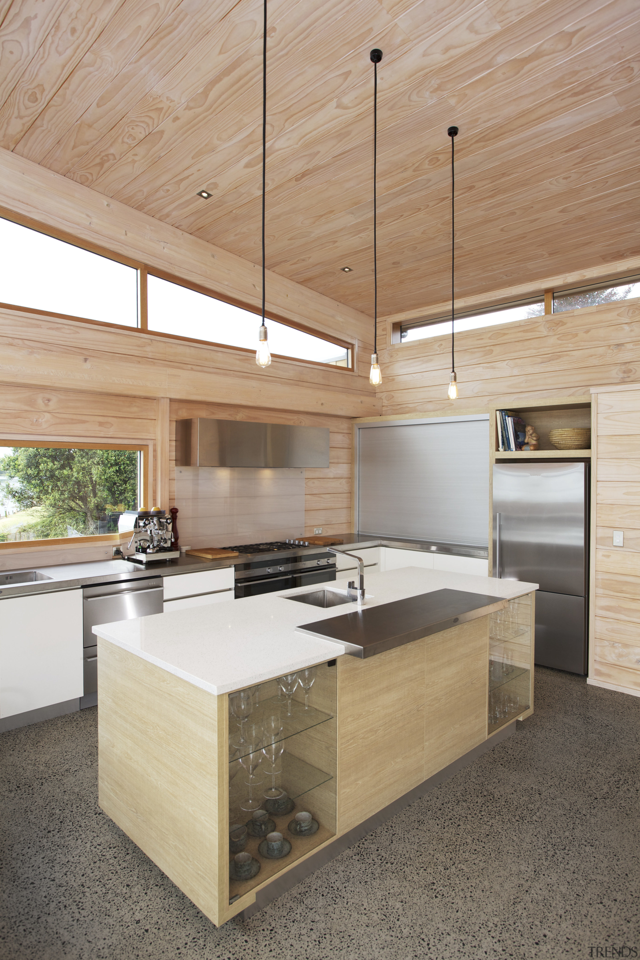 Rift Melamine cabinets harmonise with the blonded timber architecture, cabinetry, countertop, cuisine classique, floor, hardwood, interior design, kitchen, plywood, wood, wood flooring, gray, orange