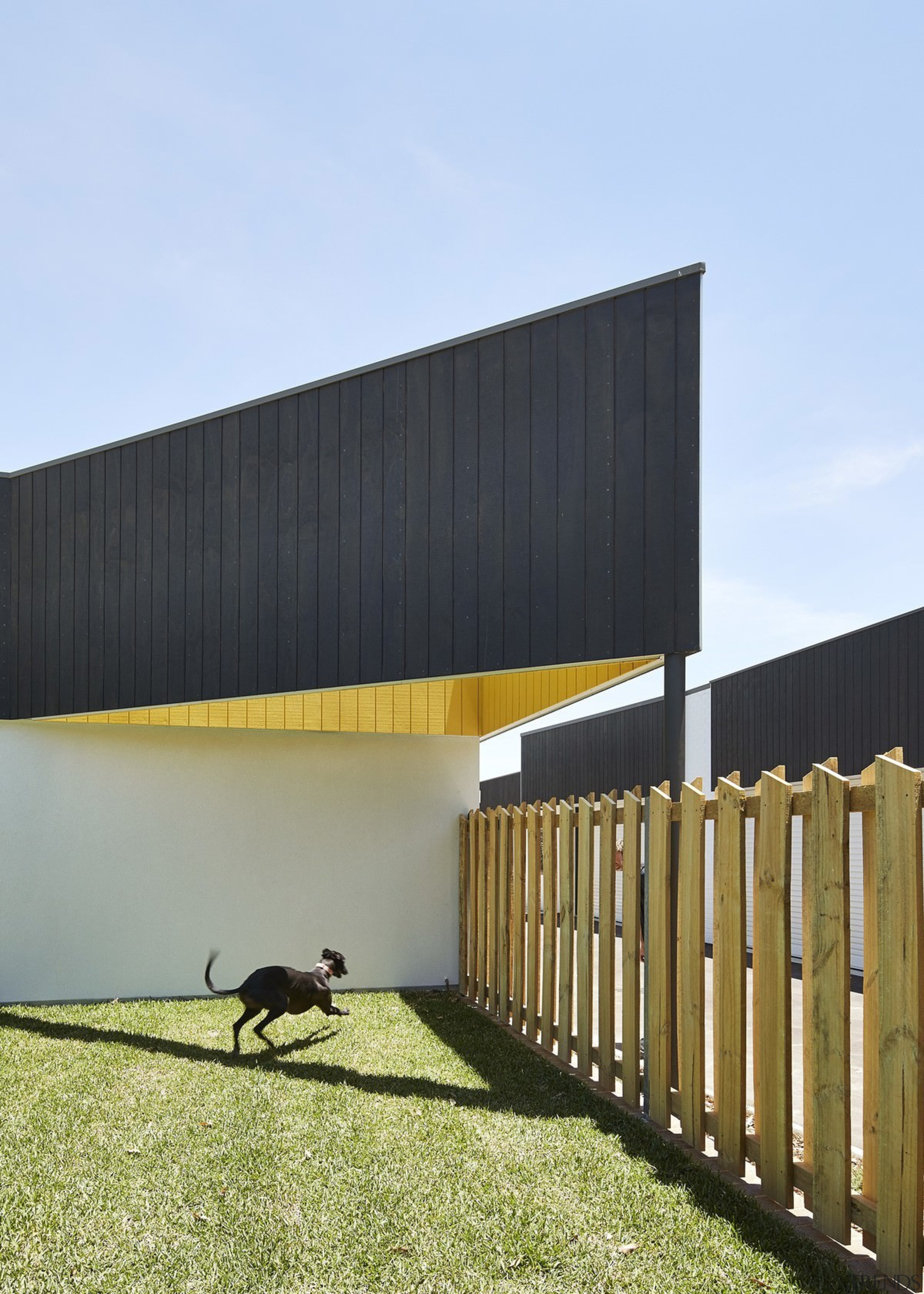 Plenty of room for frolicking underneath this roof architecture, building, facade, grass, house, sky, teal