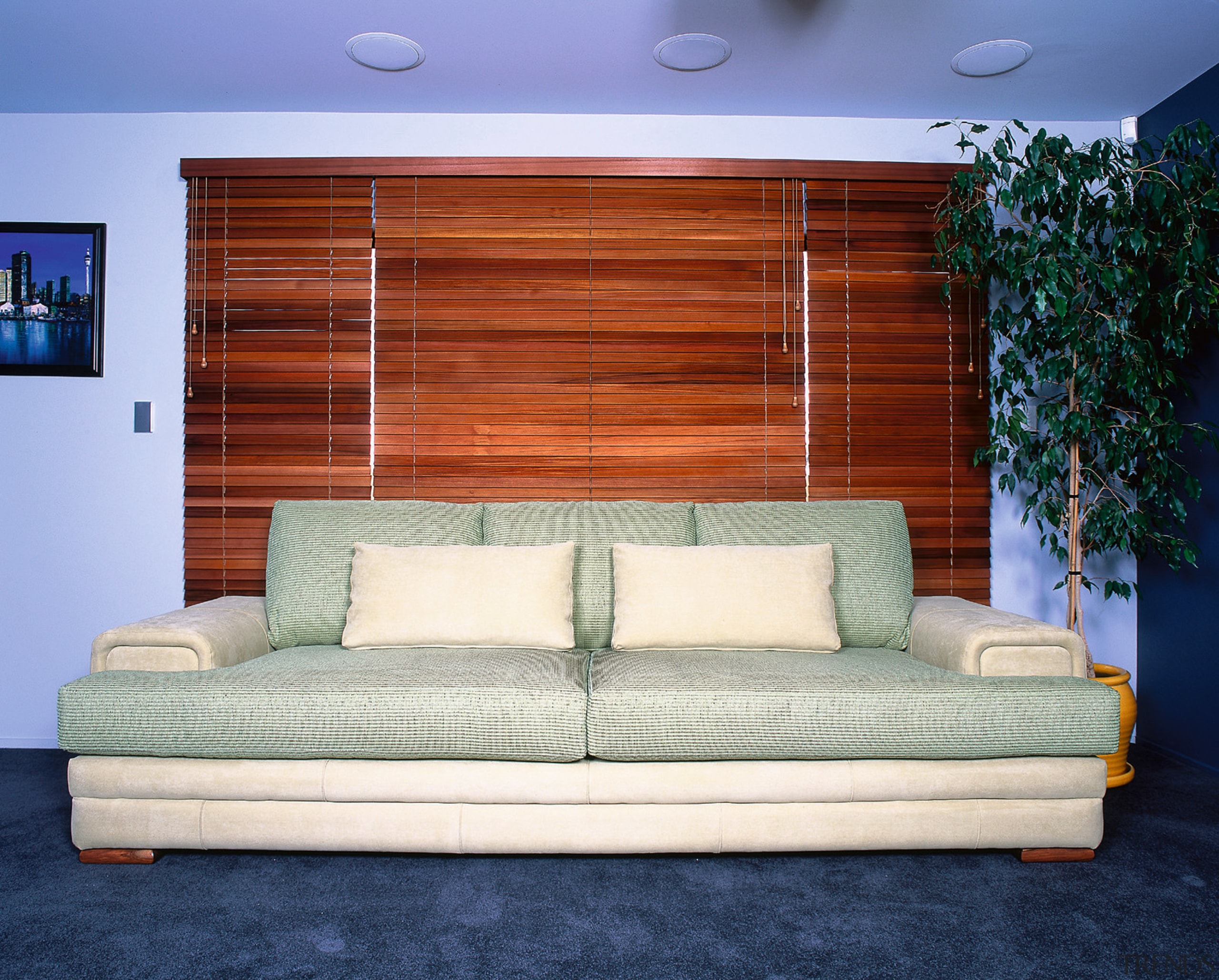 A view of the Hamilton settee in Kiribati couch, furniture, home, interior design, living room, wall, window, window blind, window covering, window treatment, wood, blue