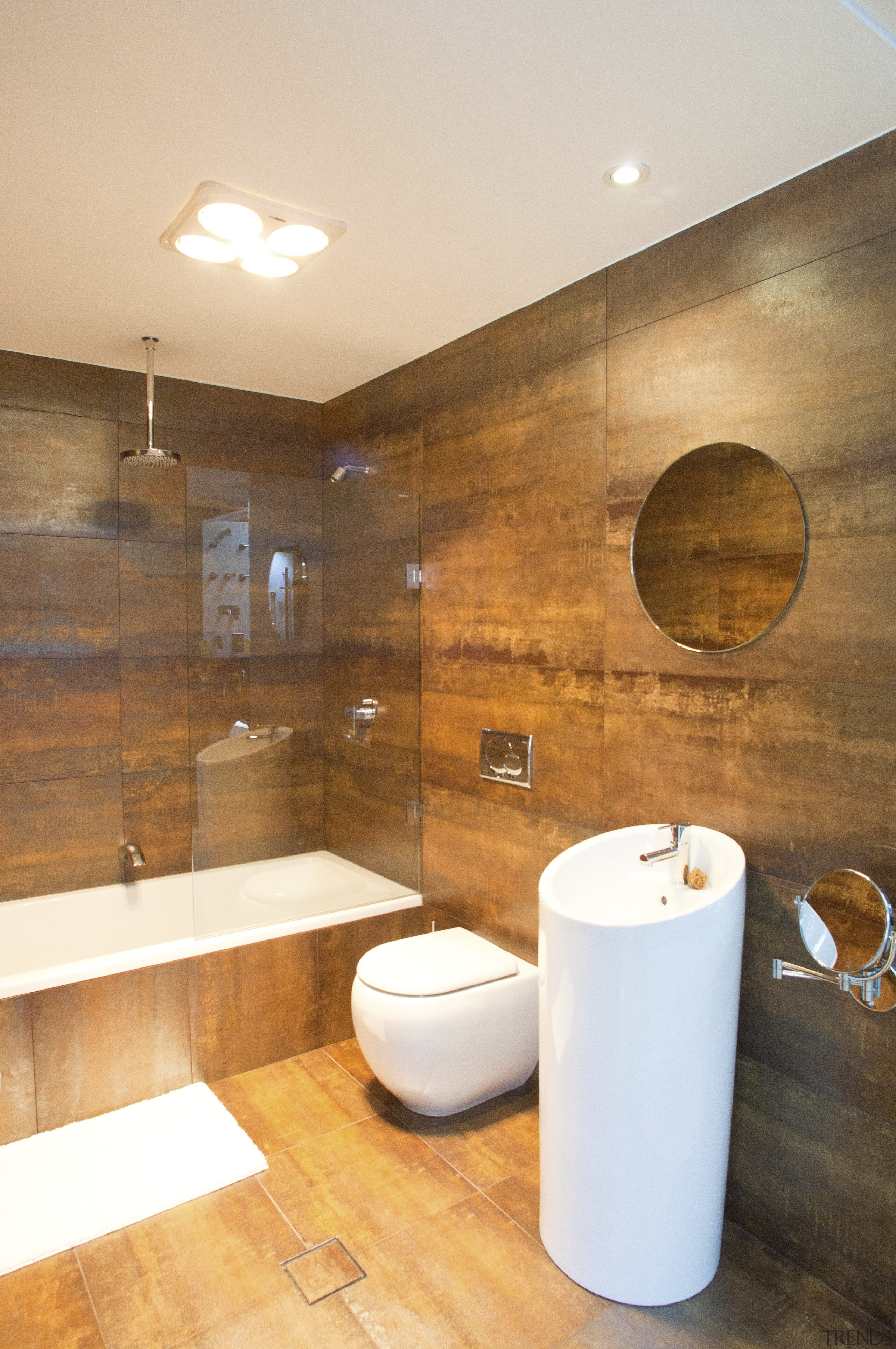 bathroom setting with circular basin, toilet and bath/shower bathroom, ceiling, floor, flooring, home, interior design, room, tile, wall, wood flooring, orange, brown, white