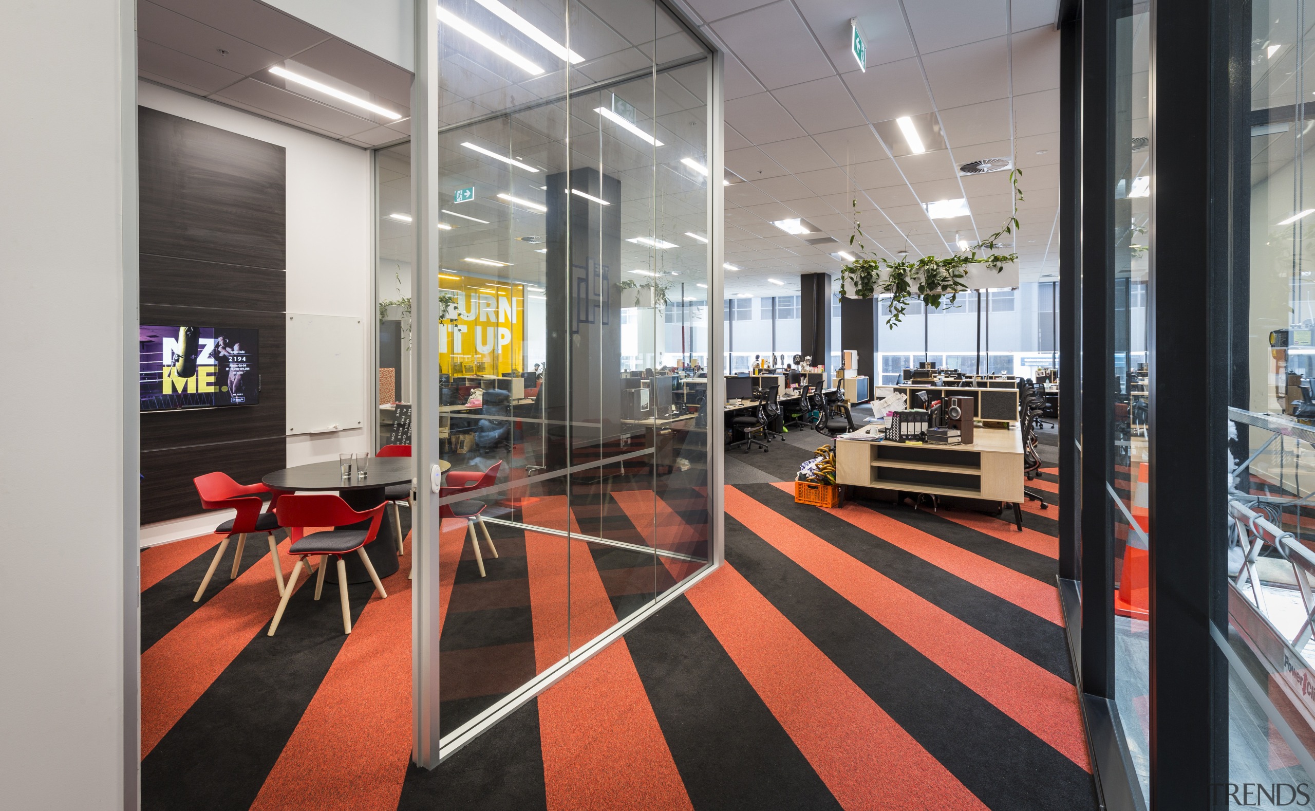 The NZME offices are open-plan with no separate flooring, interior design, lobby, gray, black