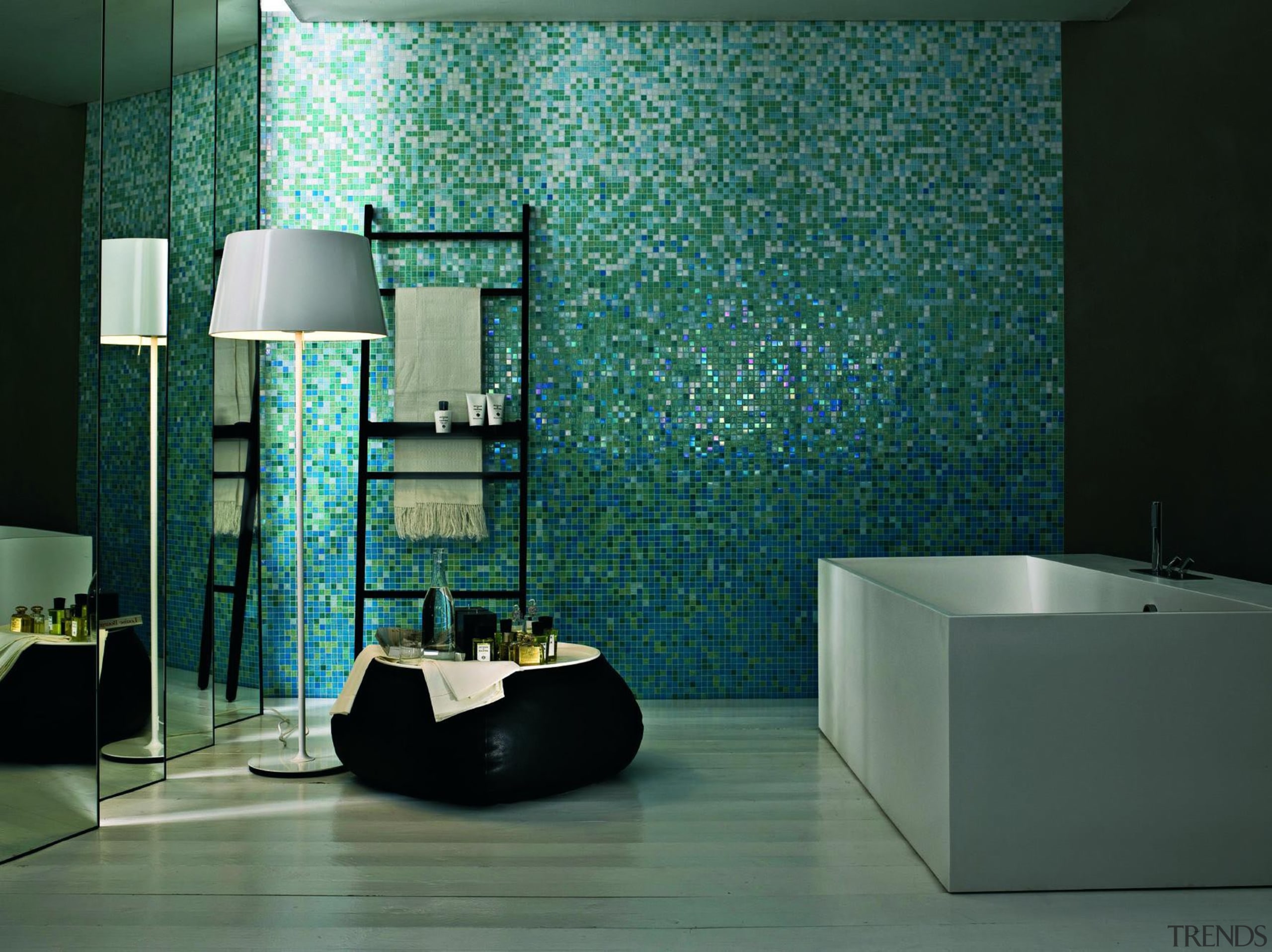 Ortensia feature wall. - Bisazza Range - architecture architecture, bathroom, floor, flooring, glass, interior design, room, tile, wall, teal, green, black