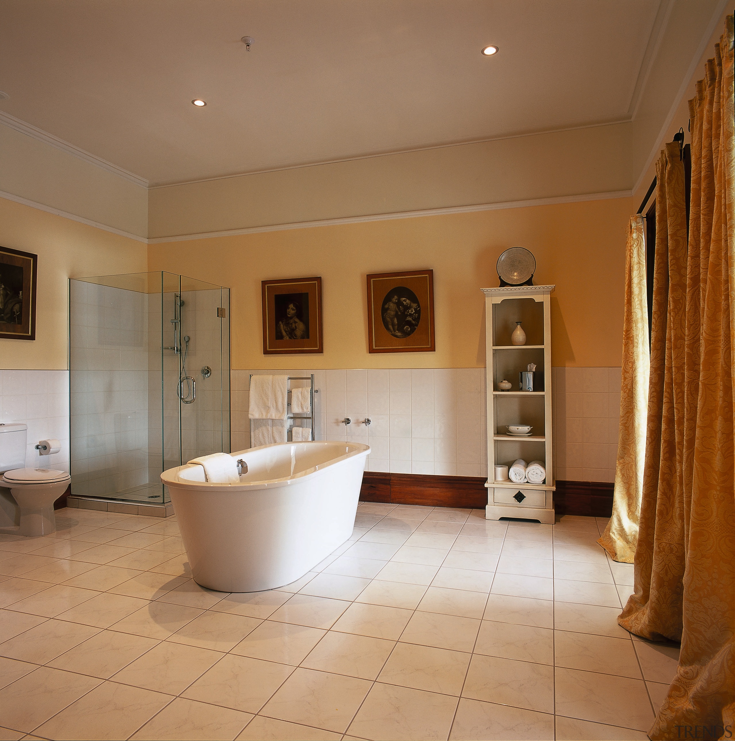 The view of a bathroom - The view bathroom, bathtub, ceiling, estate, floor, flooring, home, interior design, plumbing fixture, property, real estate, room, tile, wood flooring, brown