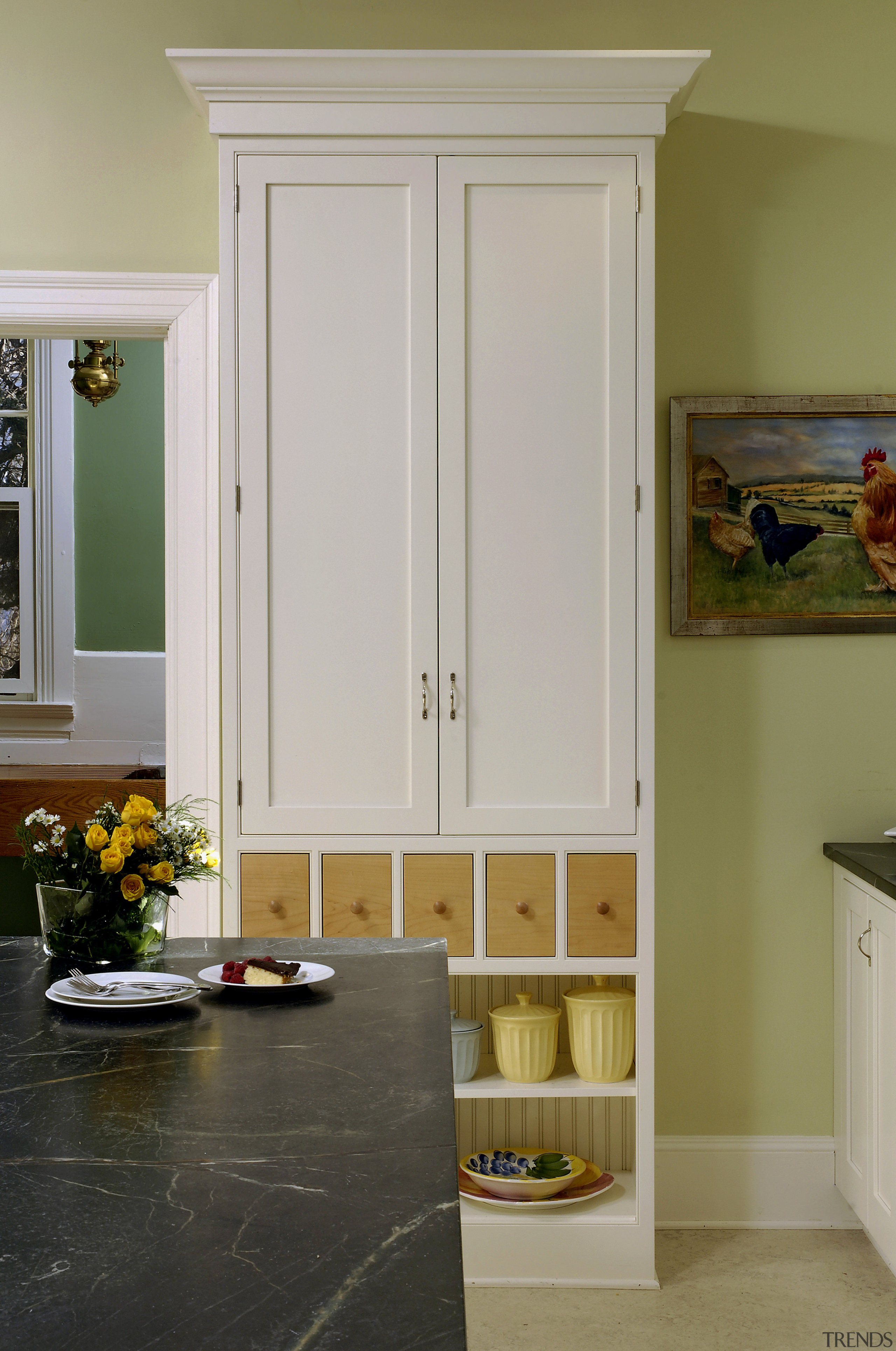 View of kitchen designed by Jennifer Gilmer Kitchen cabinetry, door, floor, furniture, hardwood, home, interior design, room, window, wood, wood stain, gray, brown