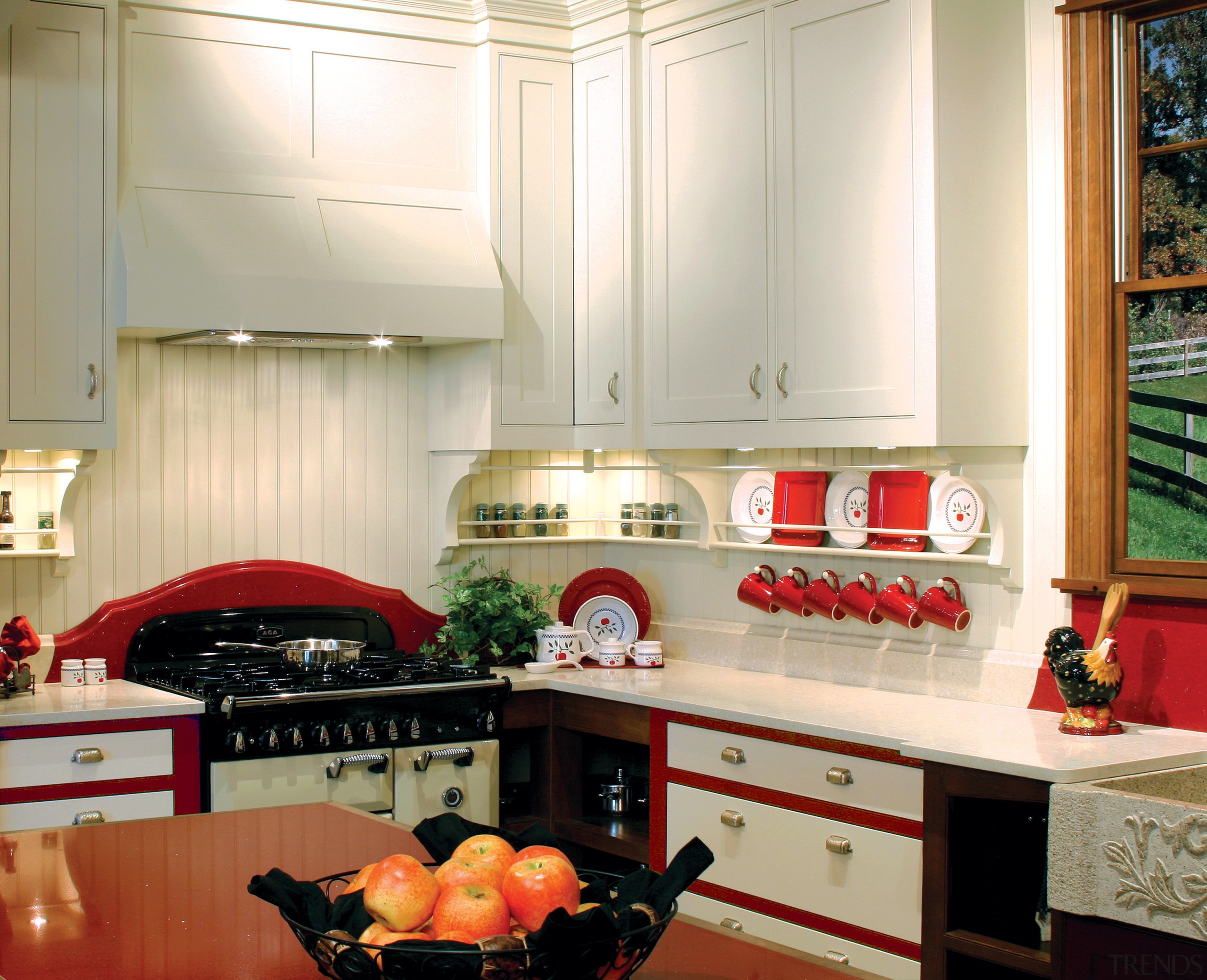 View of a country kitchen which features cabinetry cabinetry, countertop, home, interior design, kitchen, room, white