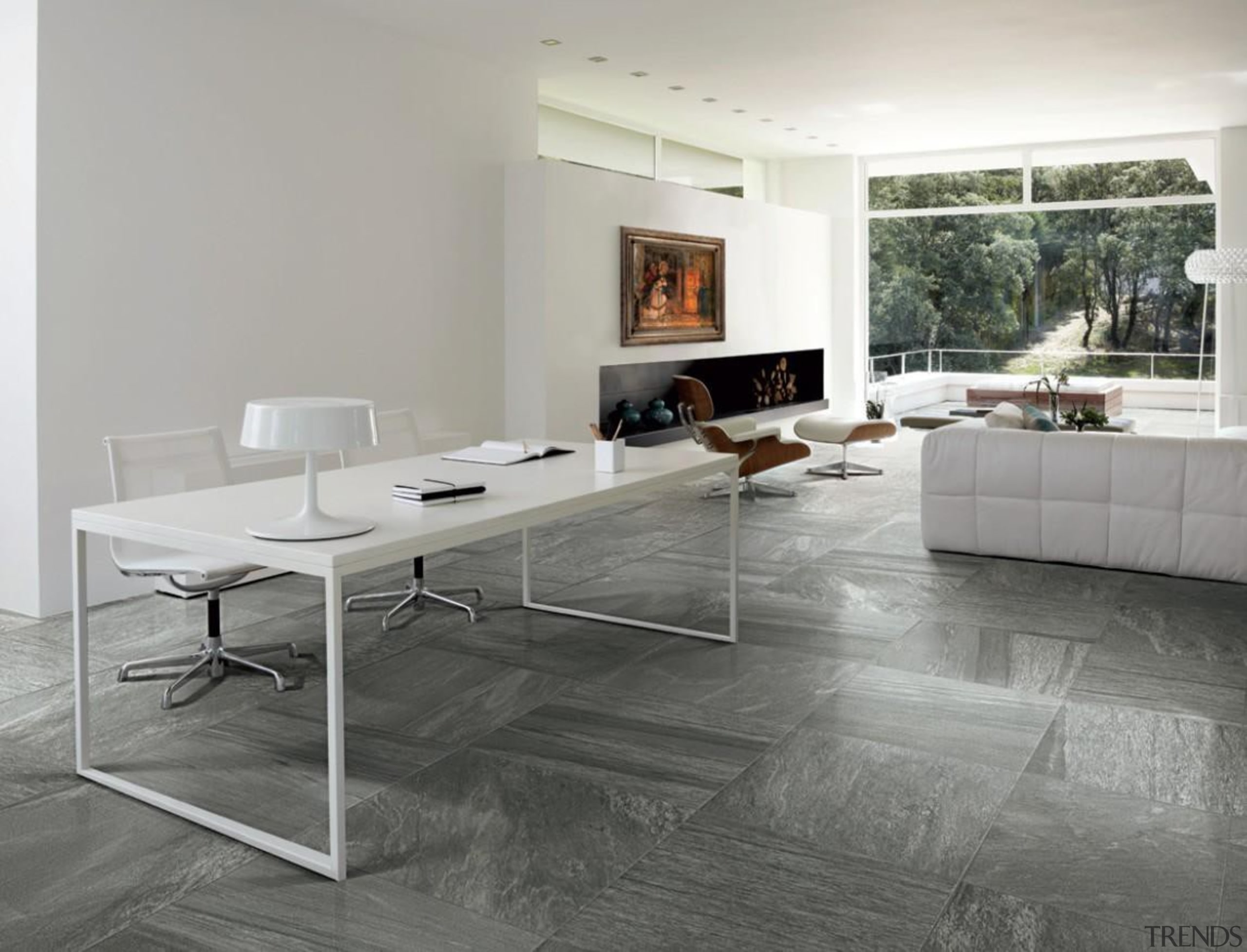 Galena study living floor tiles - Mineral D angle, chair, coffee table, floor, flooring, furniture, hardwood, interior design, laminate flooring, living room, table, tile, wood flooring, gray