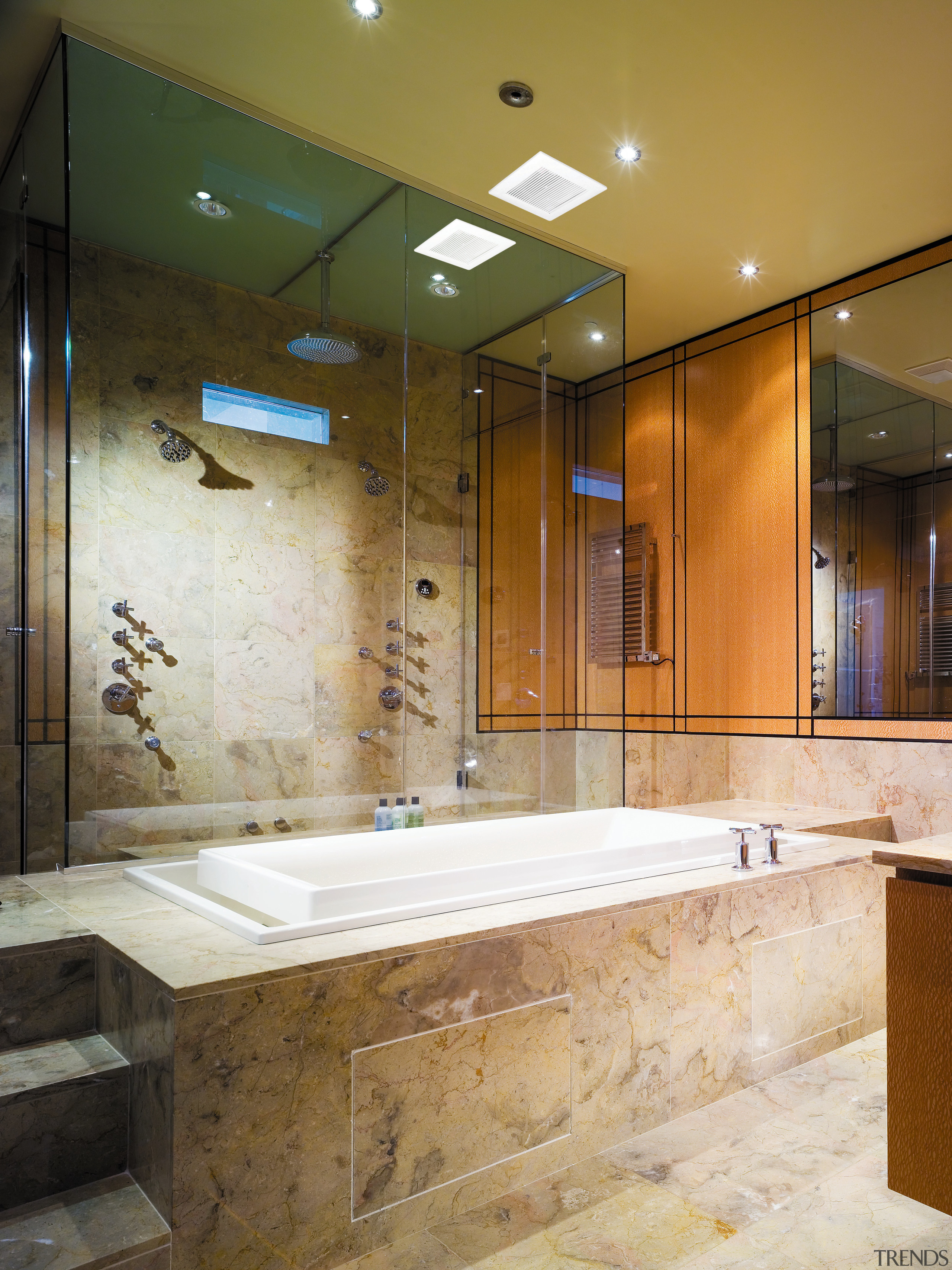 A view of this bathroom that feature the bathroom, ceiling, countertop, floor, interior design, room, tile, brown