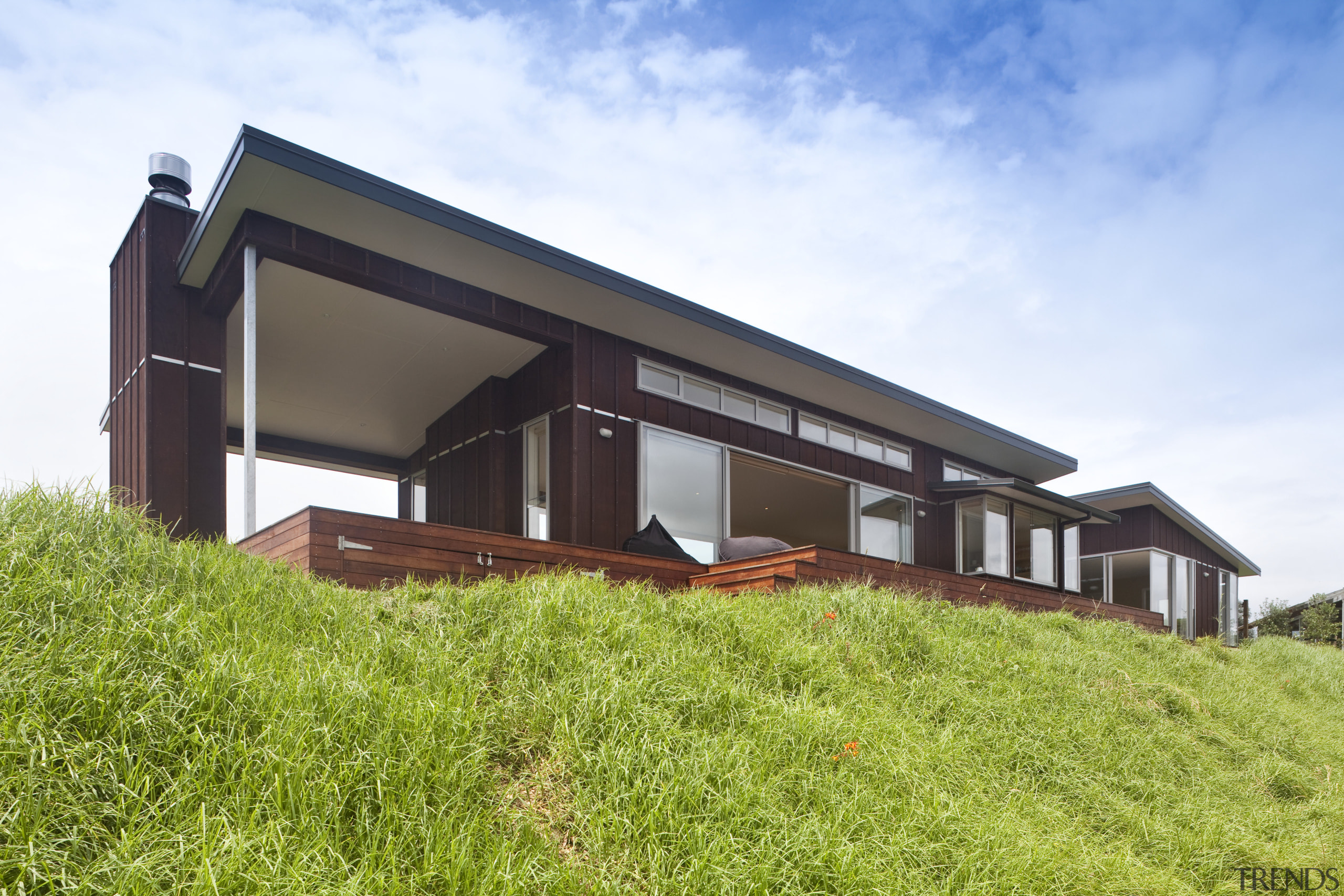 Outdoor deck house - Outdoor deck house - architecture, cottage, elevation, facade, grass, home, house, property, real estate, sky, white