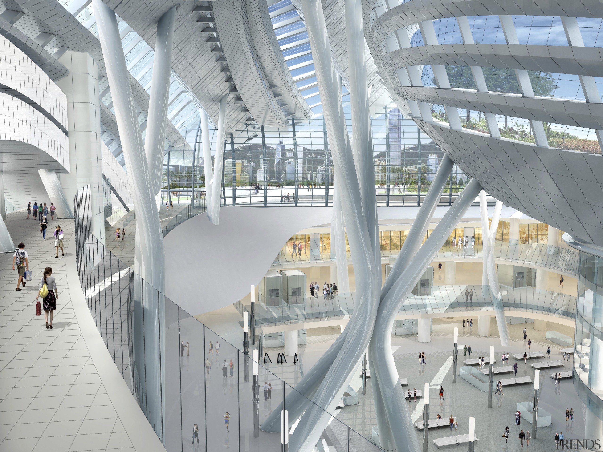 Conceptual image of the West Kowloon Terminus which airport terminal, architecture, building, daylighting, headquarters, metropolitan area, mixed use, shopping mall, structure, transport hub, urban design, gray