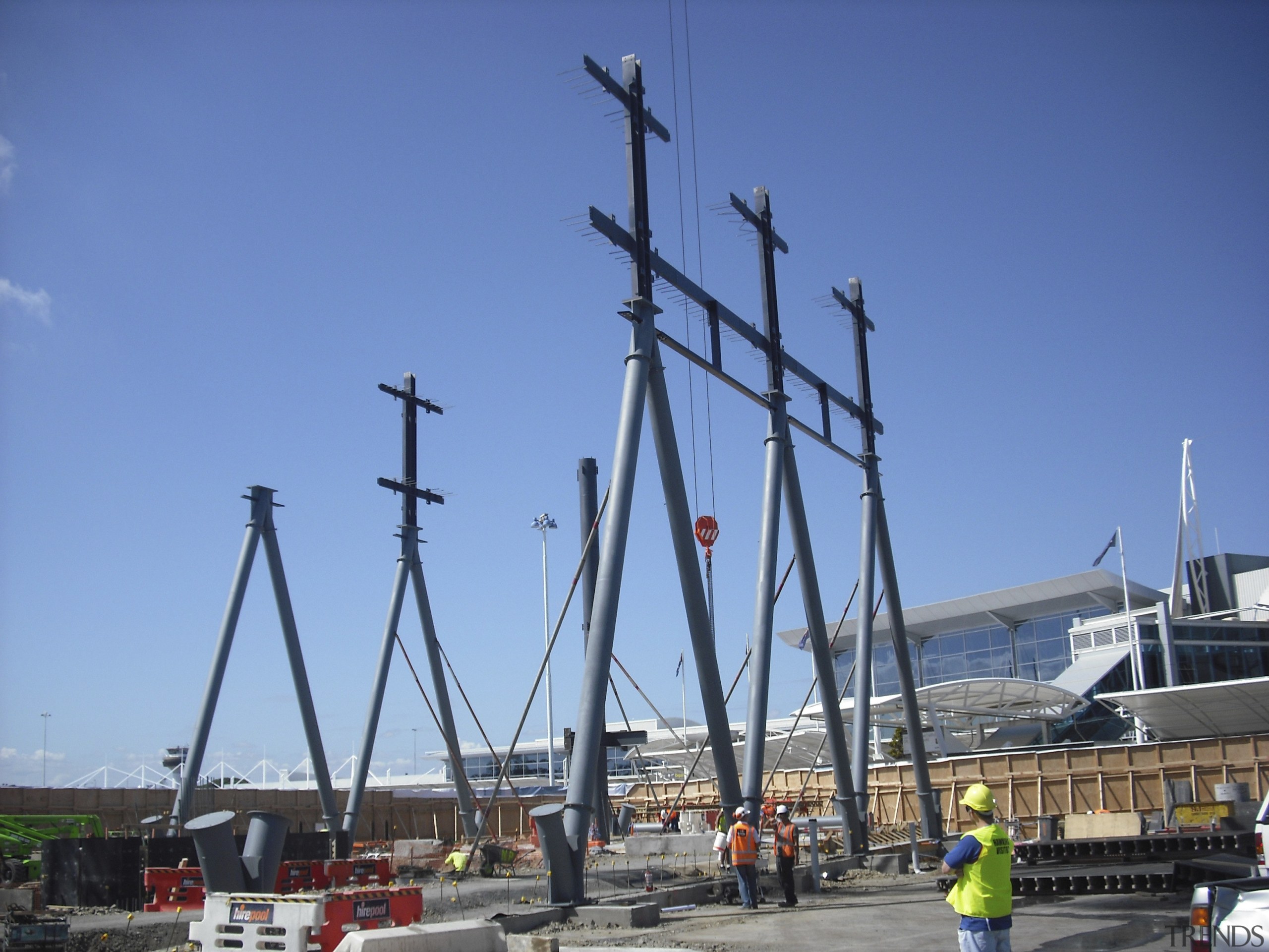 Novotel Auckland Airport by Gorge Grant Engineering. fixed link, mast, port, sailing ship, ship, sky, structure, tall ship, wind, teal