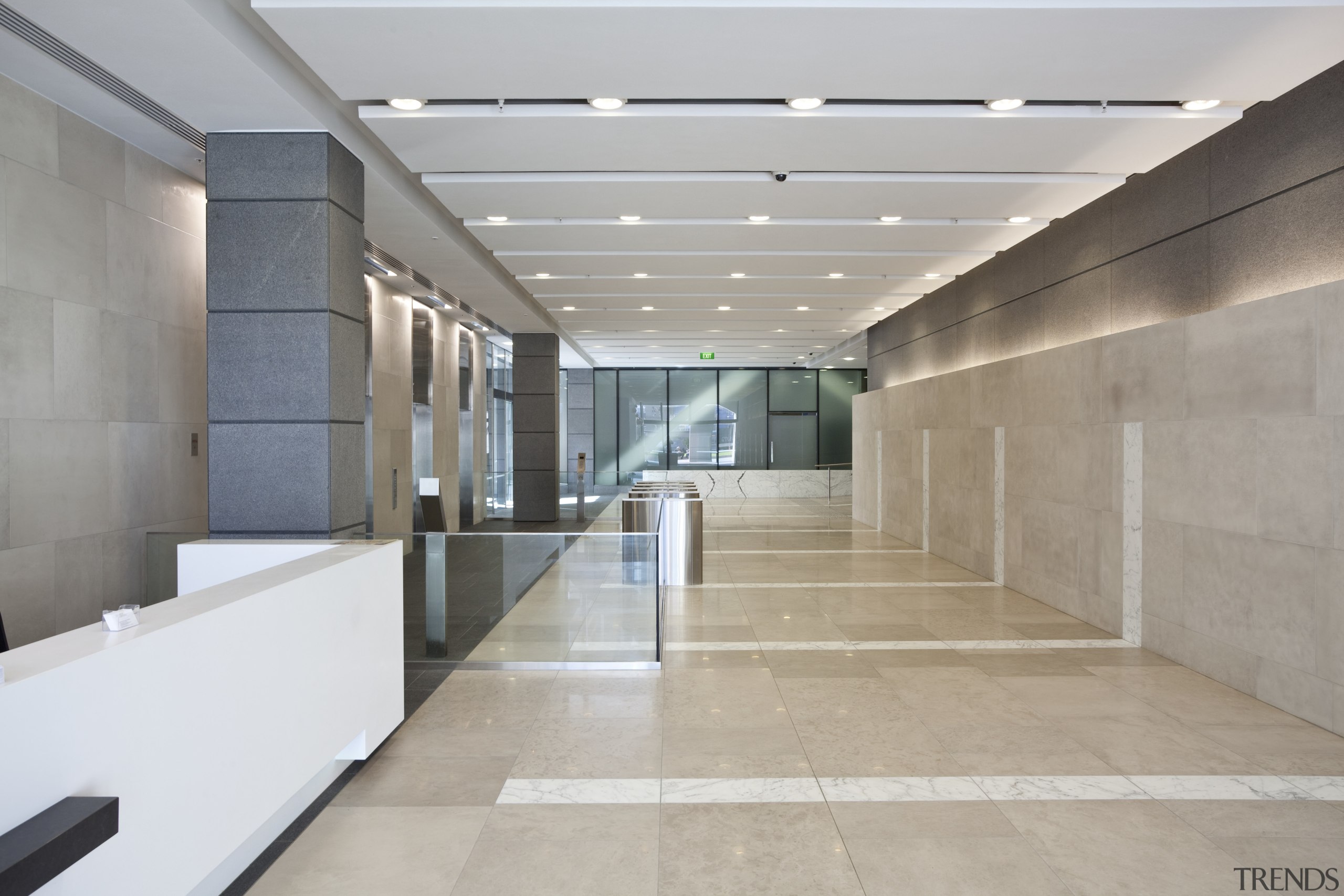 View of the new Westpac head office on architecture, ceiling, daylighting, floor, flooring, interior design, lobby, gray