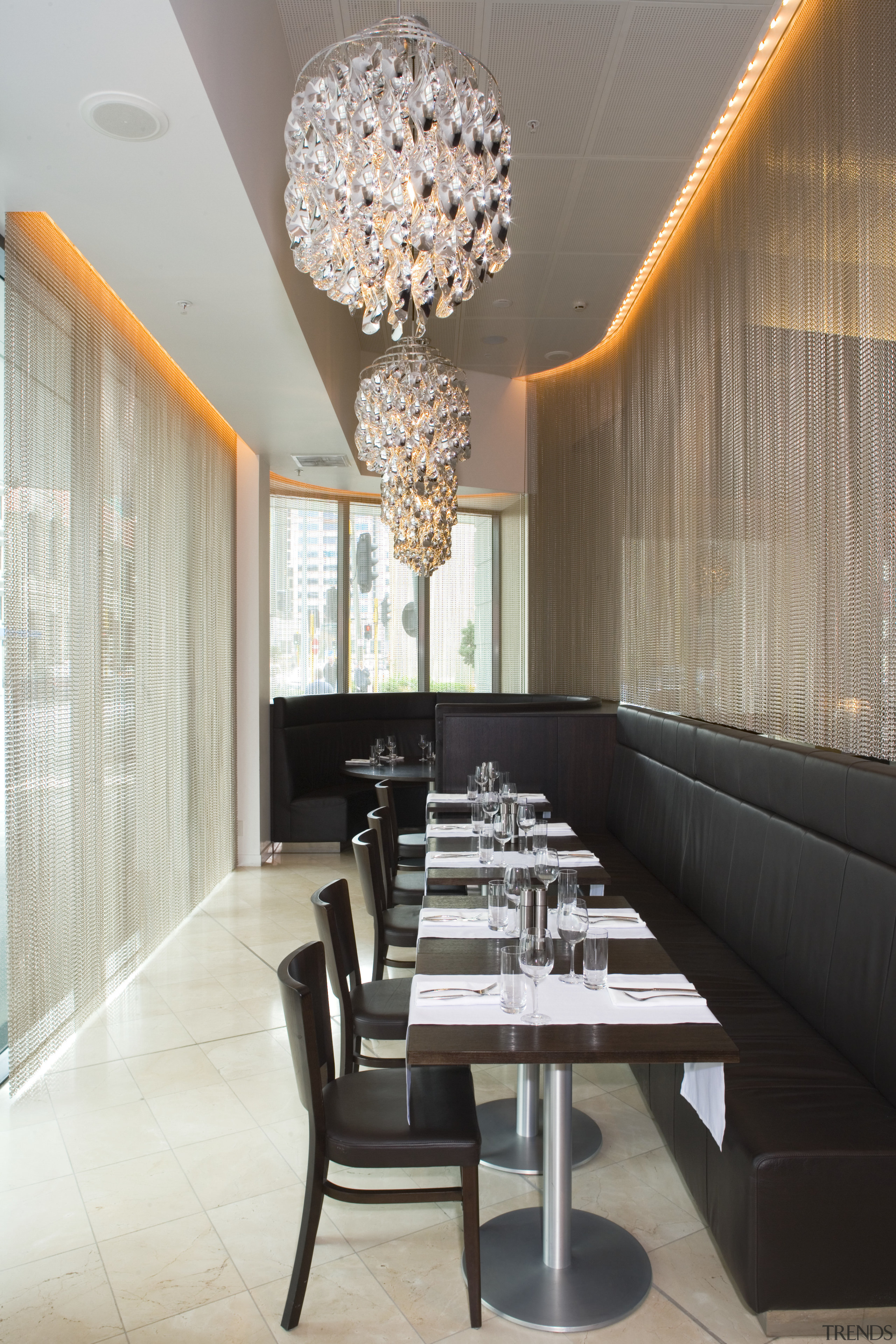 Designed by Tom Skyring in conjunction with Studio architecture, ceiling, dining room, interior design, living room, room, table, wall, gray