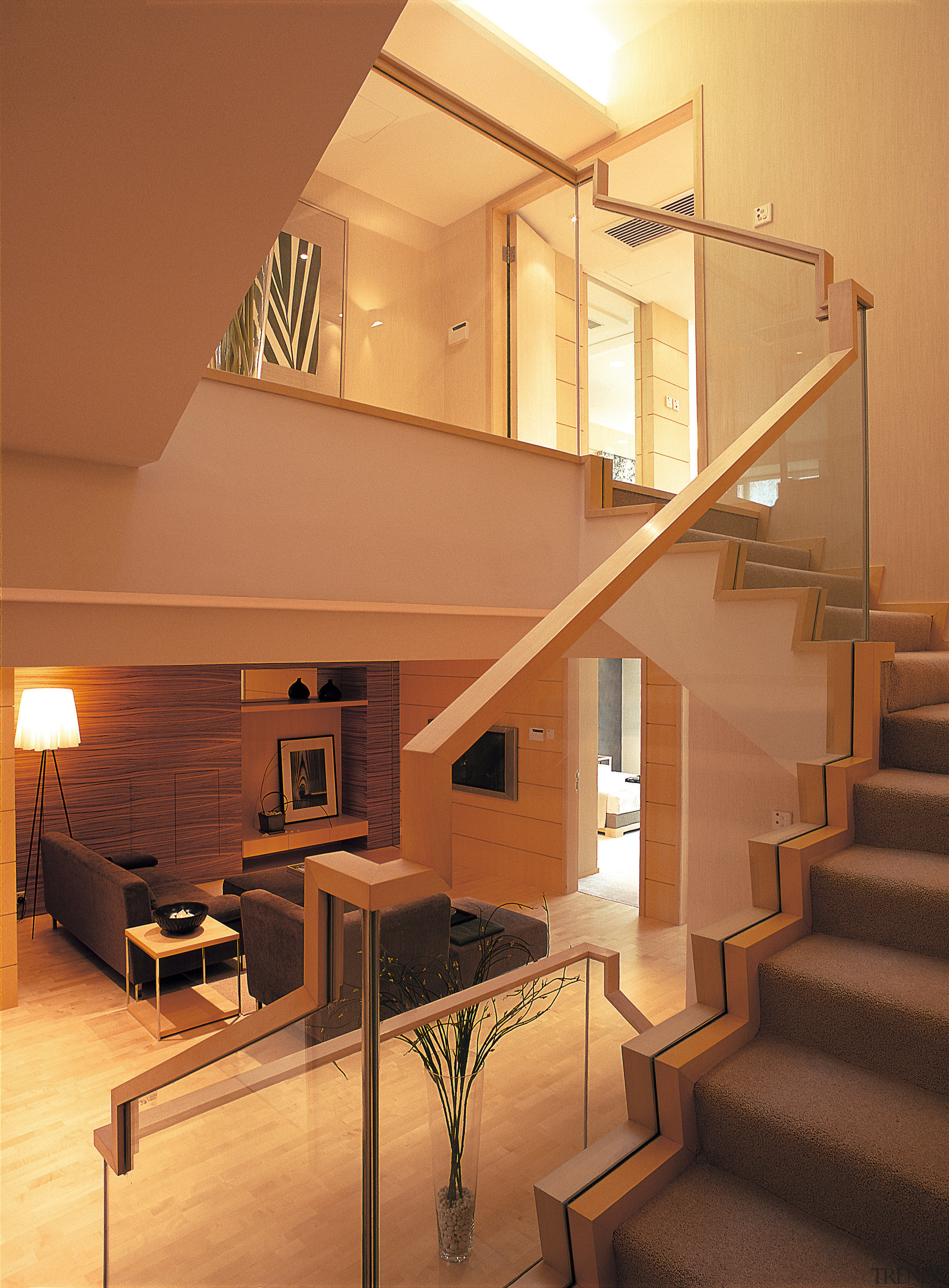 A view of stairway and lounge with stairway apartment, architecture, ceiling, daylighting, handrail, home, interior design, lighting, living room, lobby, real estate, stairs, orange, brown