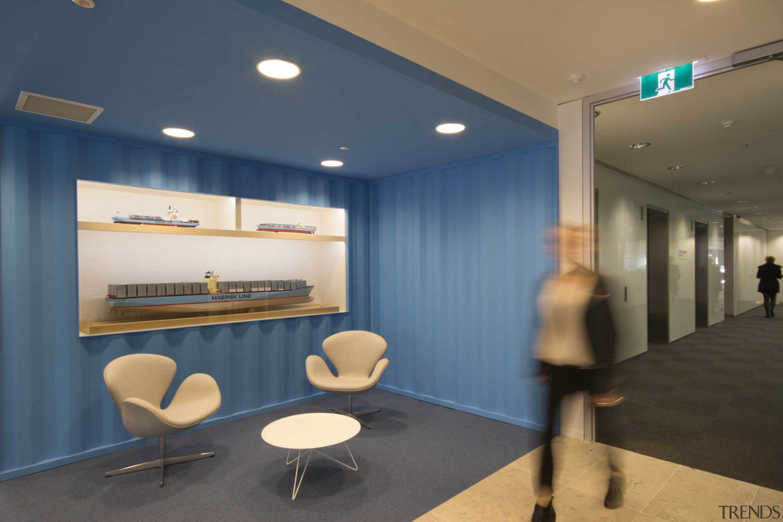 Bold, bright and with several surprise elements, the ceiling, interior design, lobby, office, real estate, teal