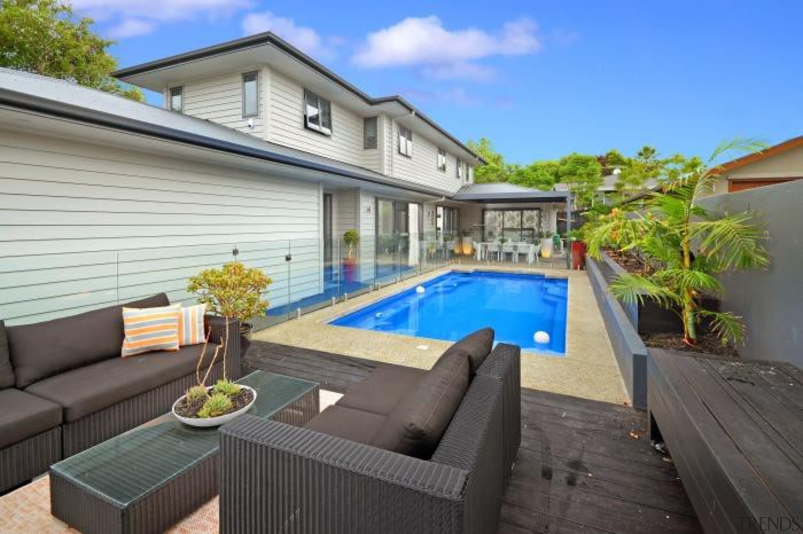 Outside - backyard | estate | home | backyard, estate, home, house, leisure, outdoor structure, property, real estate, residential area, swimming pool, villa, yard, gray