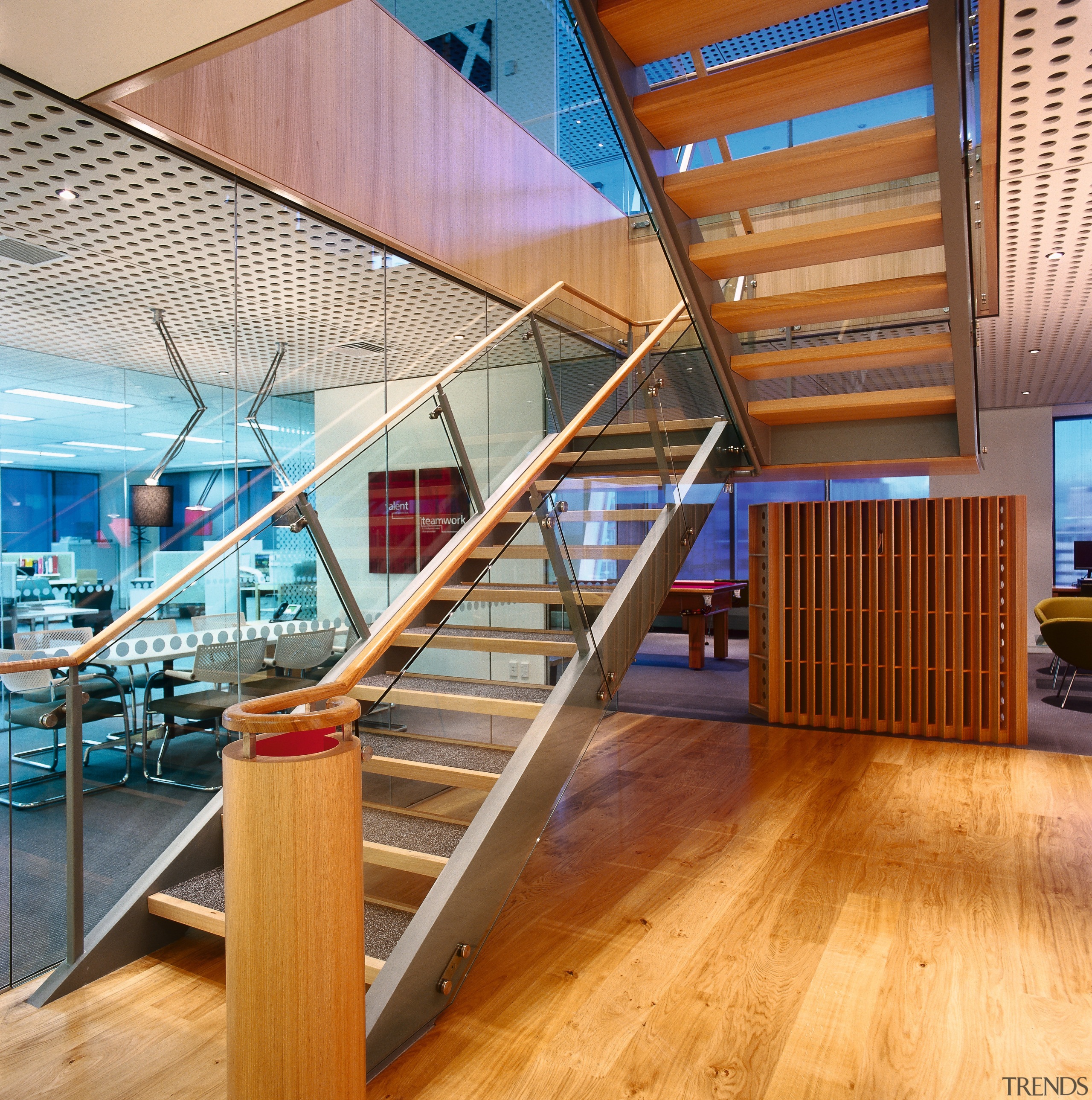 A view of the various interiors used within architecture, daylighting, floor, flooring, handrail, hardwood, interior design, loft, real estate, stairs, structure, wood, brown, orange