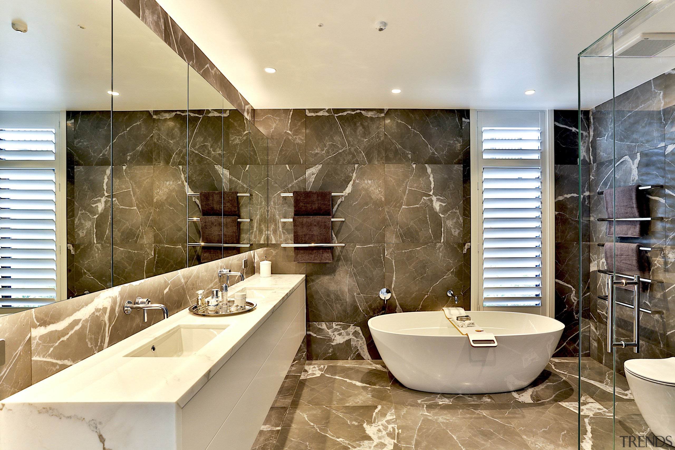 Dunlop Design – Winner – 2019 TIDA New architecture, bathroom, bathtub, building, ceiling, design, floor, flooring, furniture, home, house, interior design, marble, plumbing fixture, property, real estate, room, tap, tile, wall, orange, brown