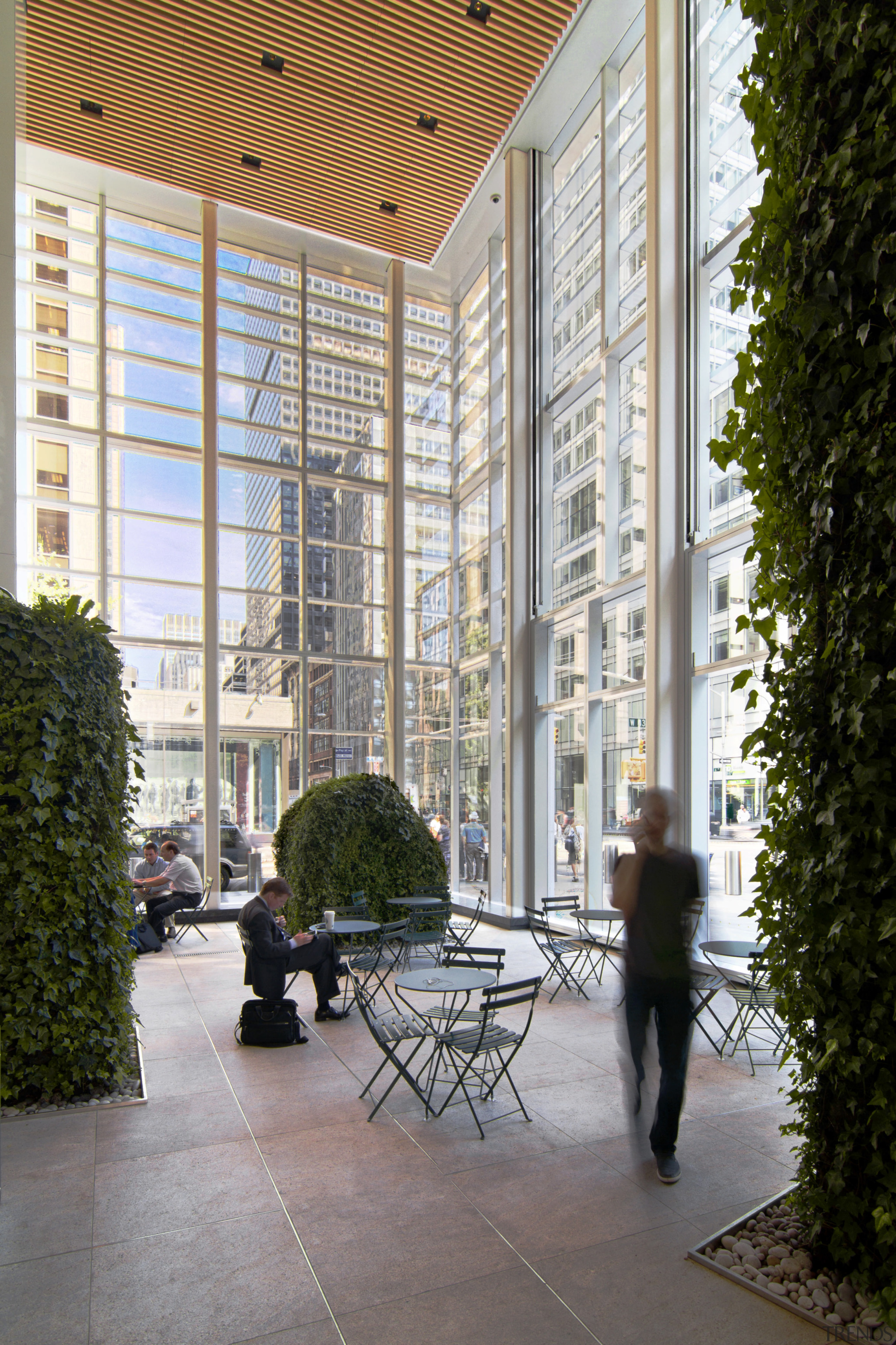 Interior view of the Bank of America Tower apartment, architecture, building, condominium, courtyard, daylighting, lobby, mixed use, structure, tree, window, gray